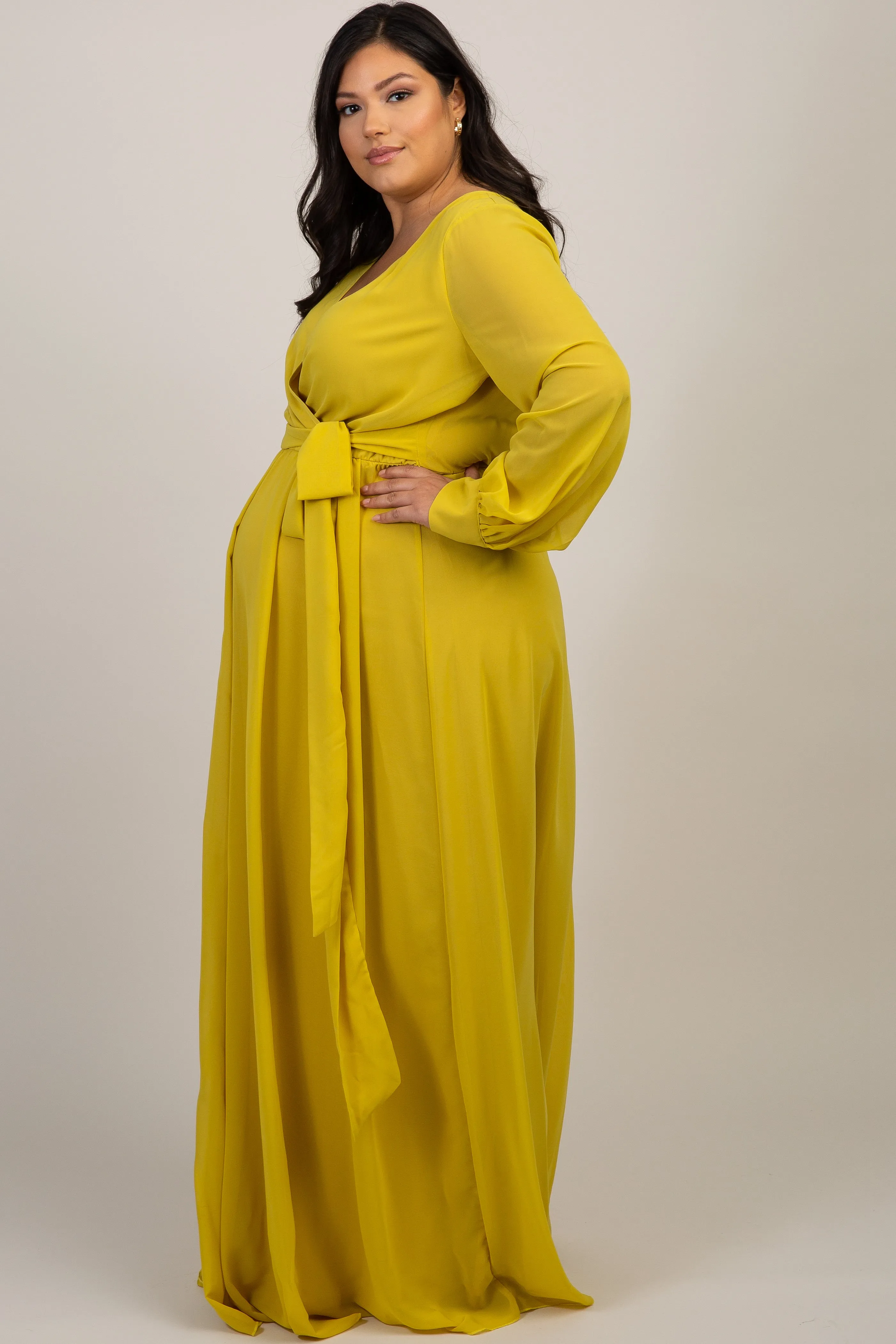 Yellow Chiffon Long Sleeve Plus Maternity Maxi Dress sold by Pinkblush product image thumbnail 2
