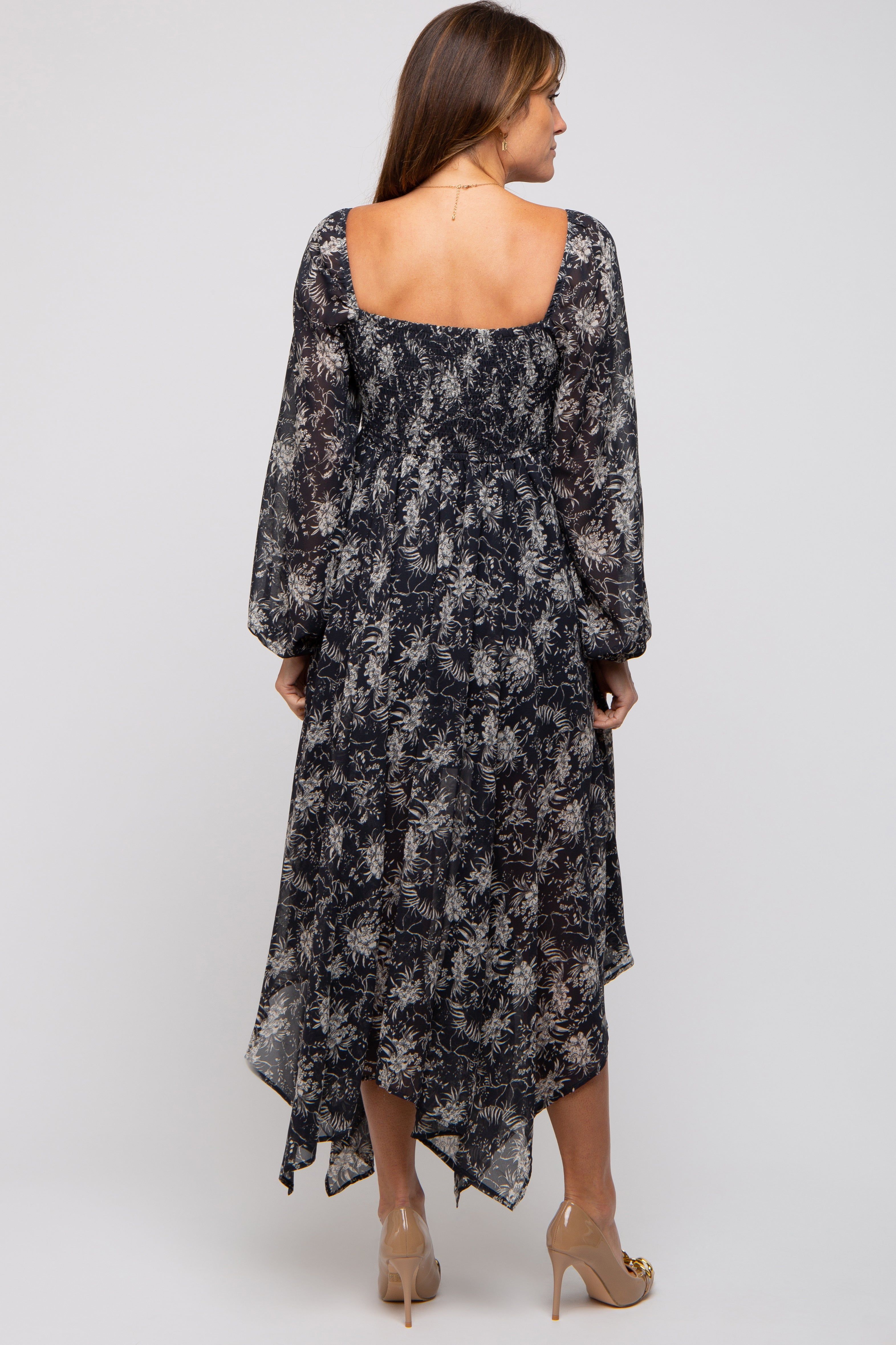 Charcoal Floral Chiffon Square Neck Button Front Midi Dress sold by Pinkblush product image thumbnail 3