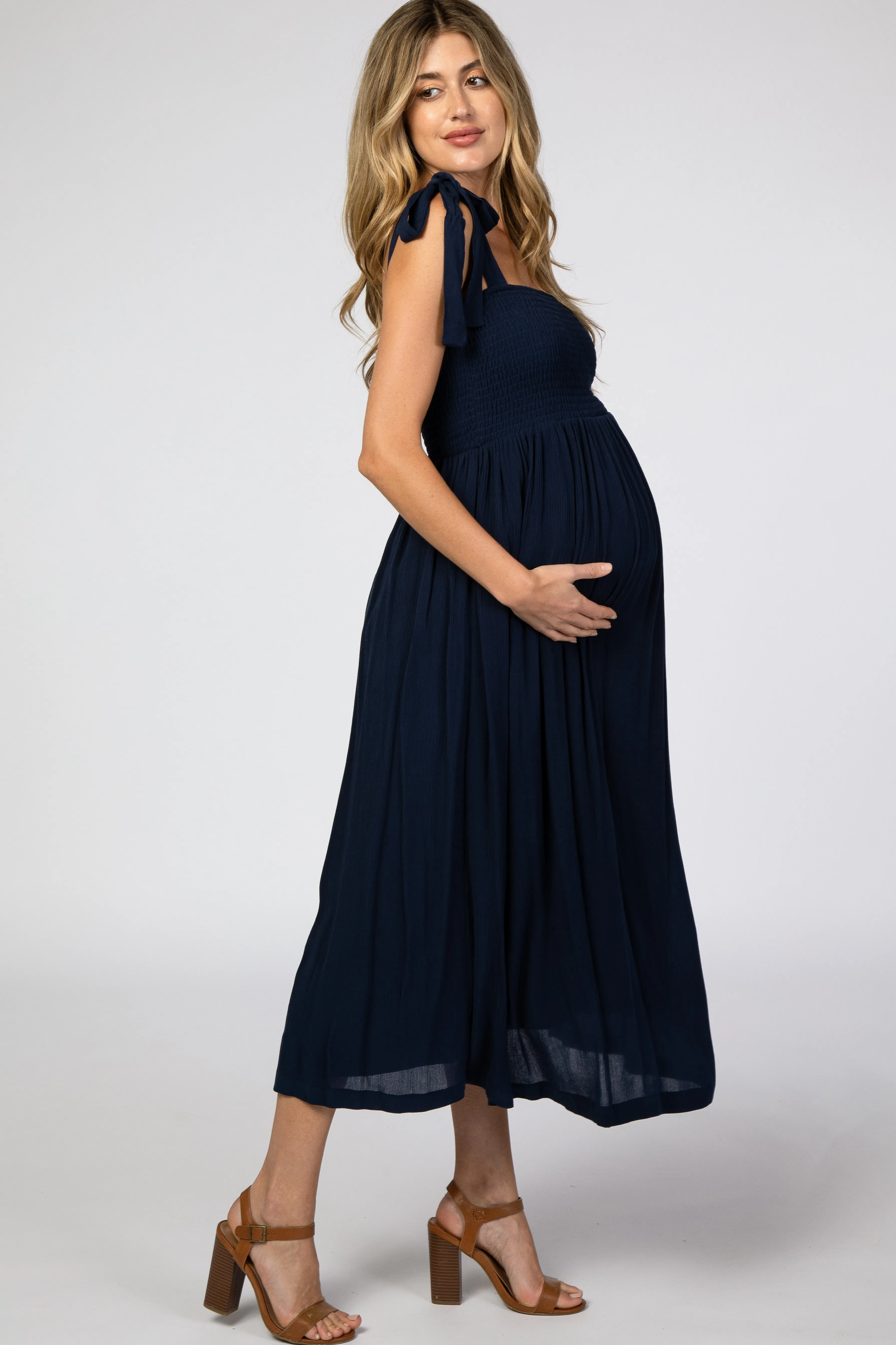Navy Blue Smocked Tie Strap Maternity Midi Dress sold by Pinkblush product image thumbnail 2