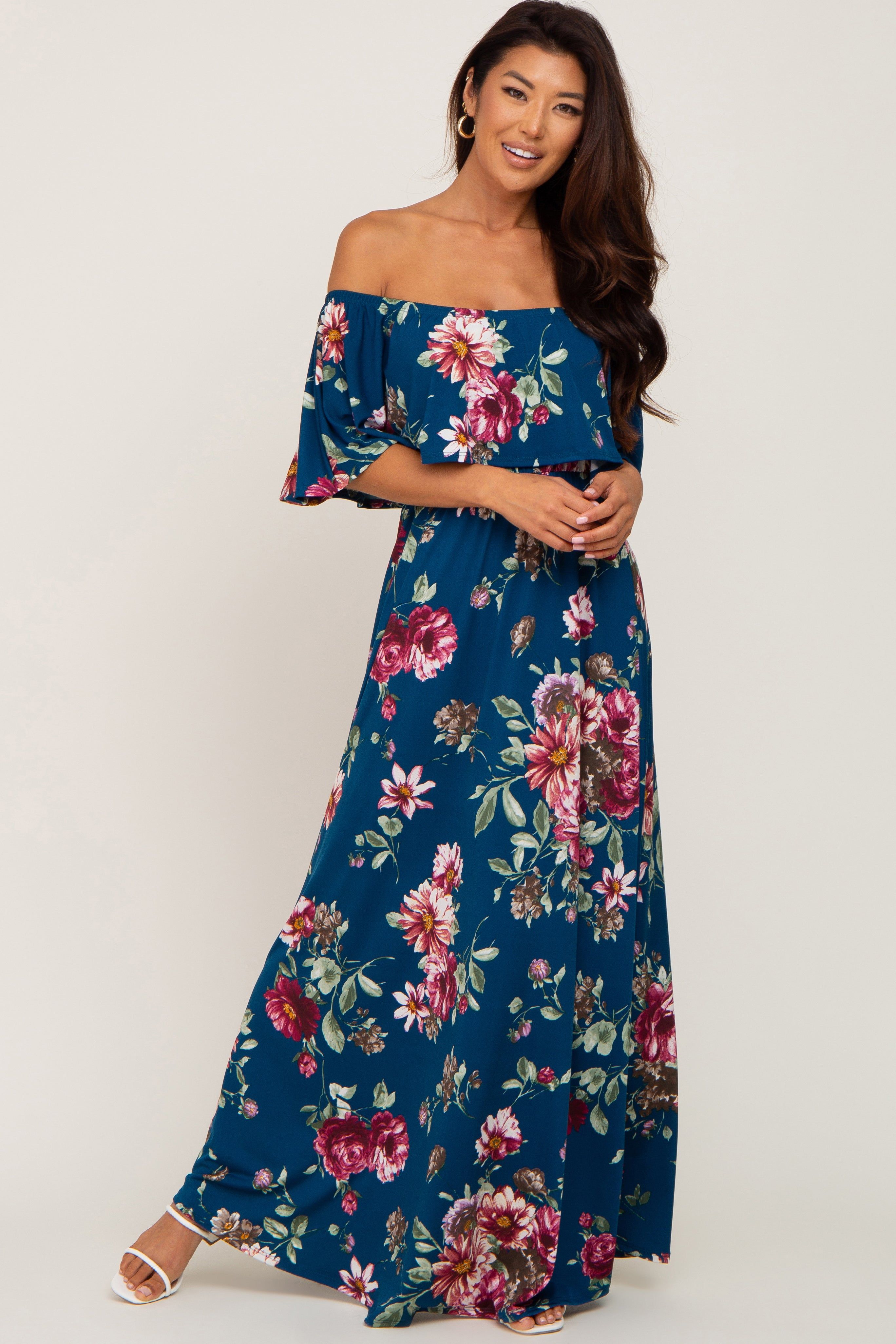 Dark Teal Floral Flounce Off Shoulder Maxi Dress sold by Pinkblush