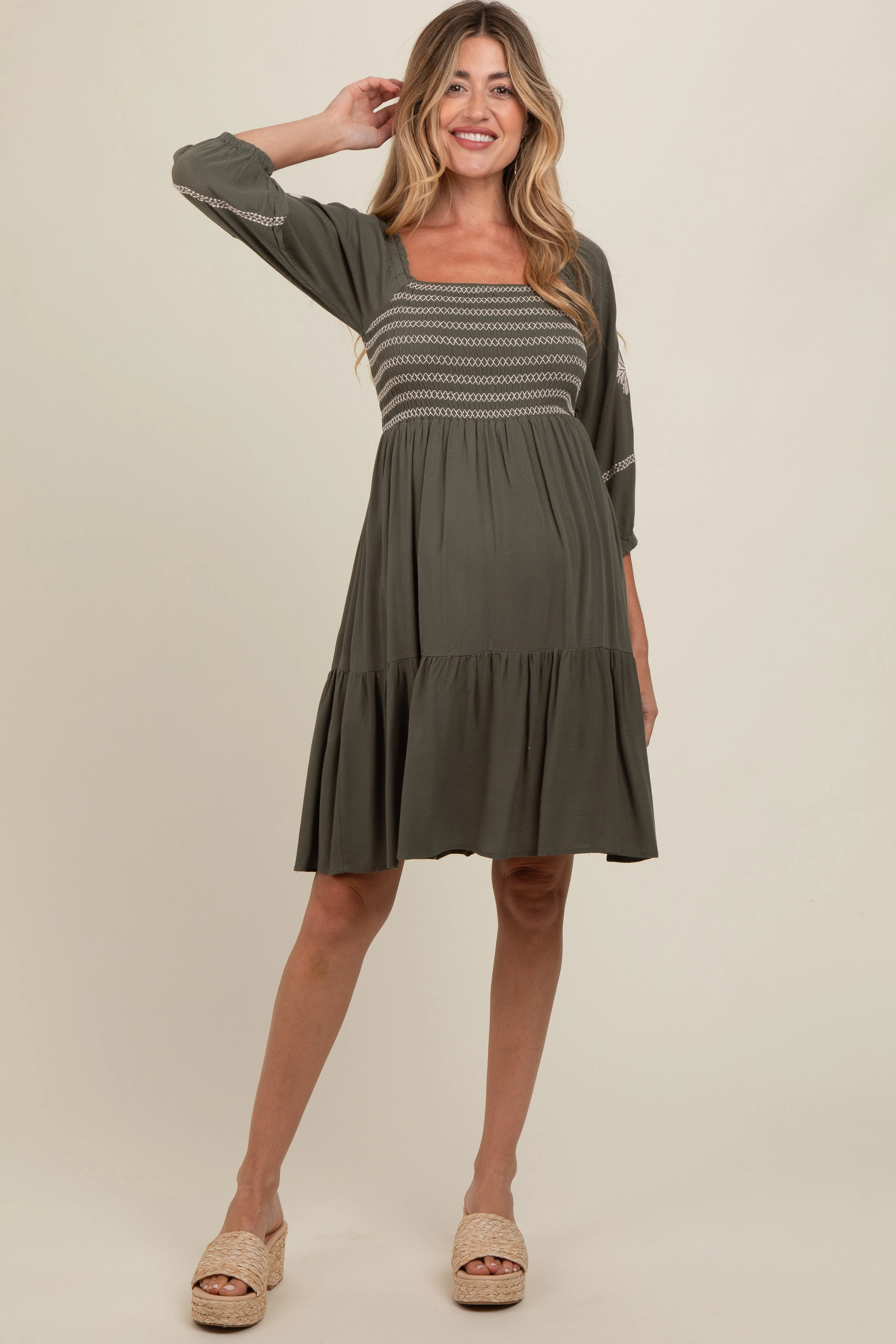 Olive Smocked Embroidered Damask Maternity Dress sold by Pinkblush