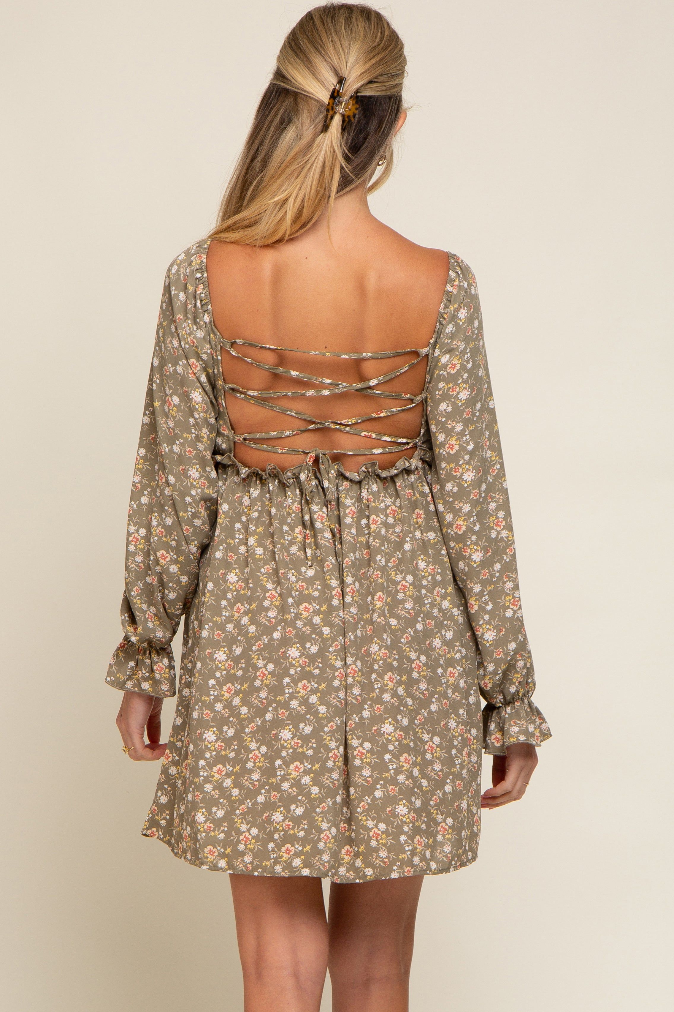 Light Olive Floral Smocked Lace Up Back Maternity Dress sold by Pinkblush product image thumbnail 3