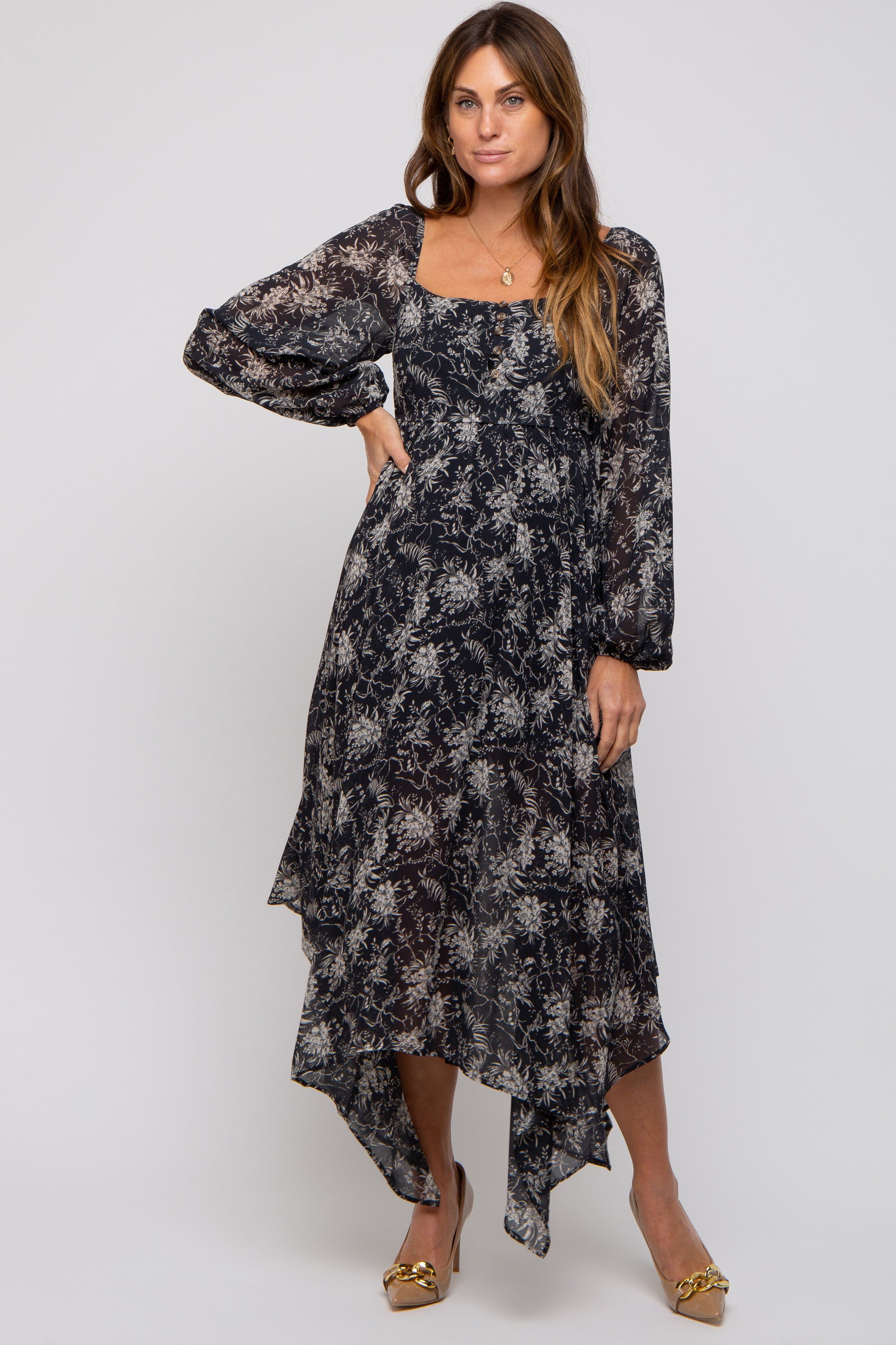 Charcoal Floral Chiffon Square Neck Button Front Midi Dress sold by Pinkblush product image thumbnail 4