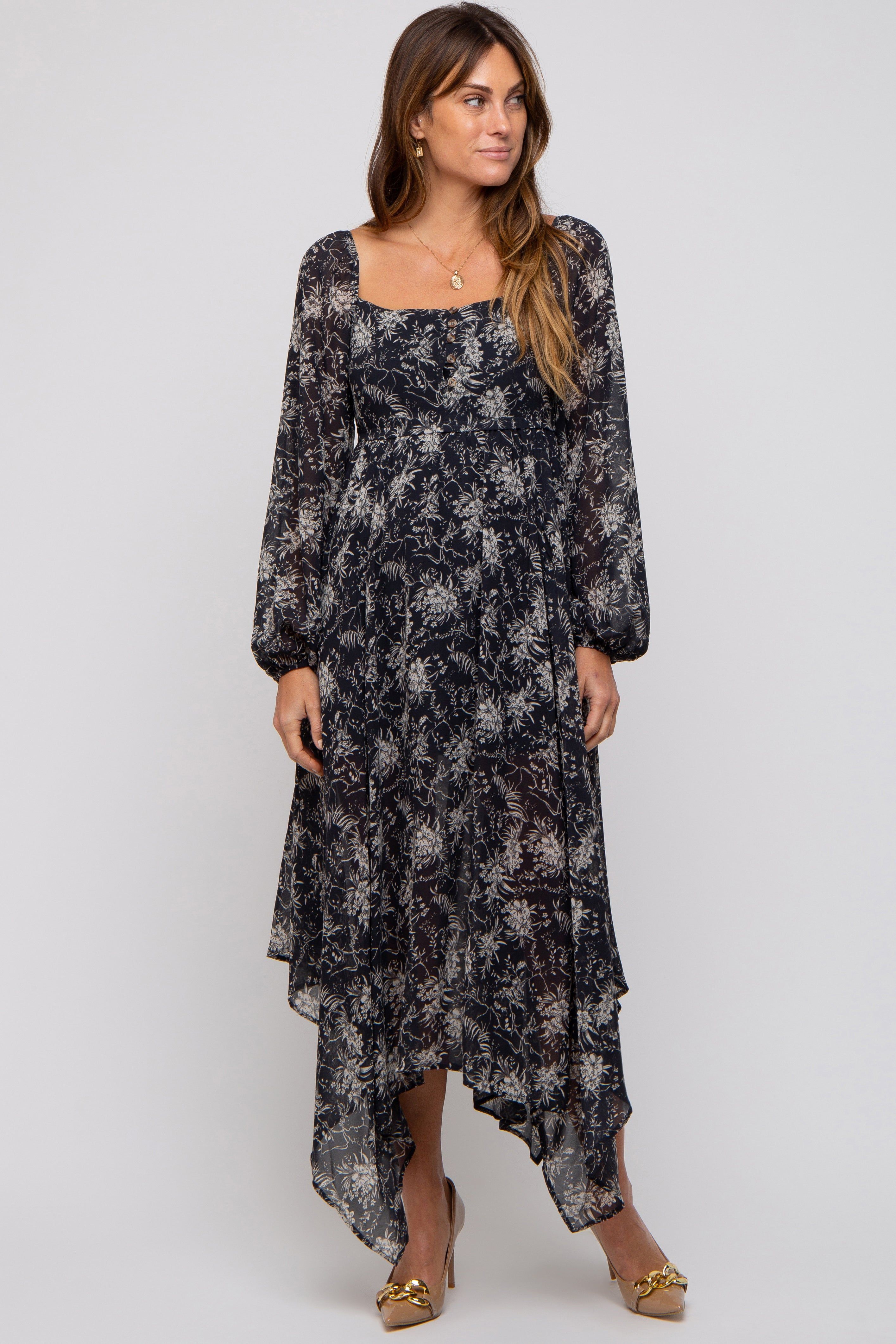 Charcoal Floral Chiffon Square Neck Button Front Midi Dress sold by Pinkblush