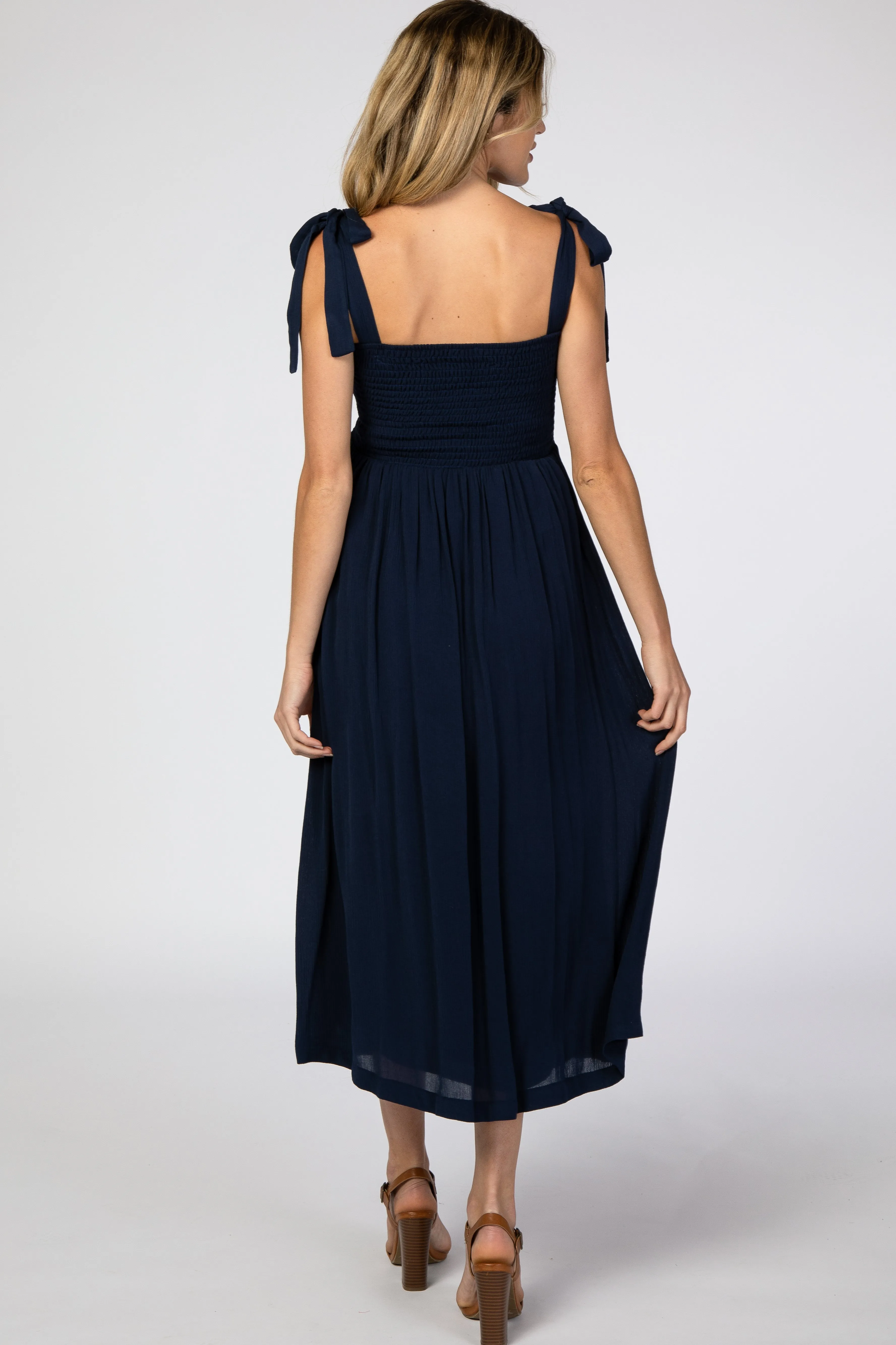 Navy Blue Smocked Tie Strap Maternity Midi Dress sold by Pinkblush product image thumbnail 3