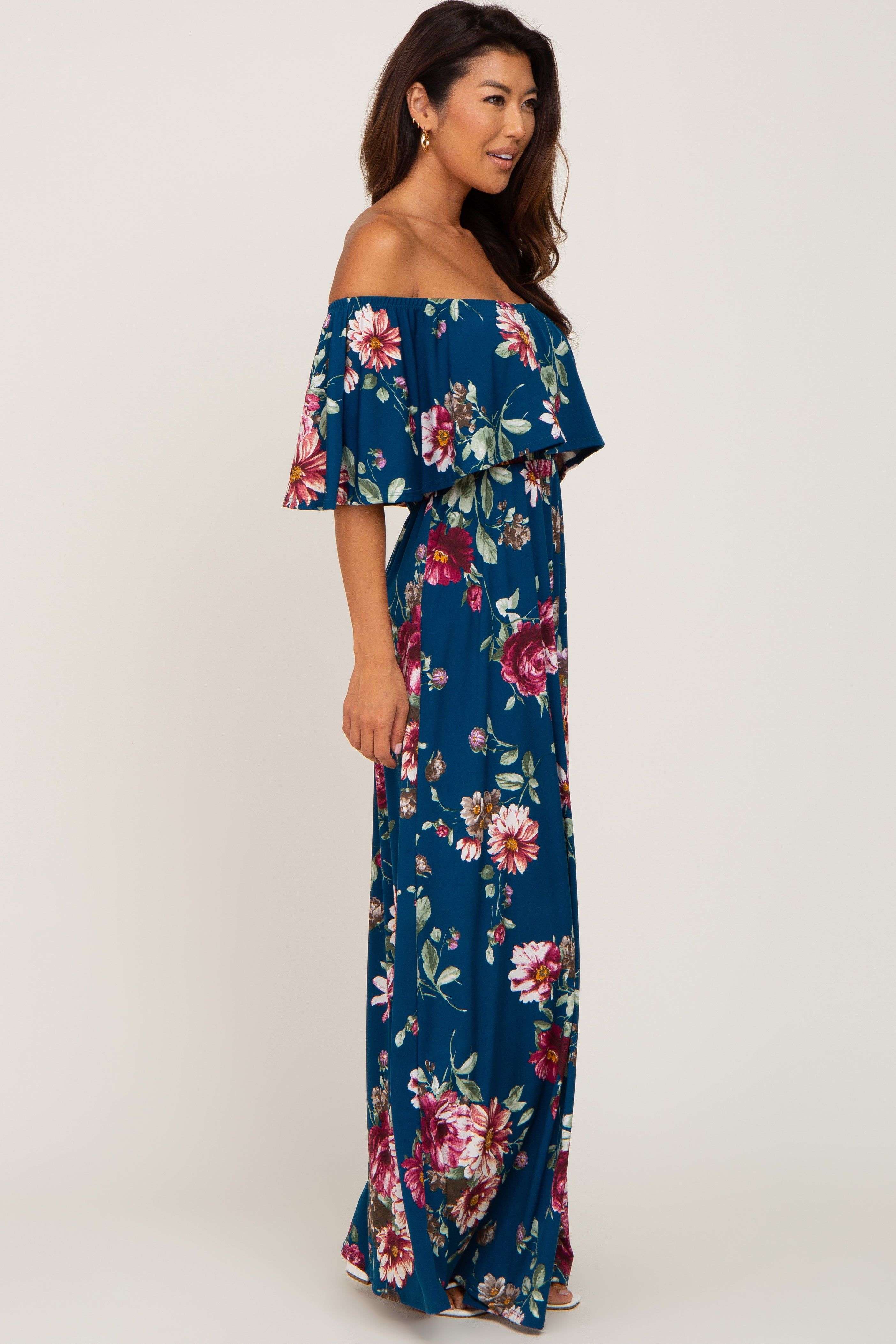 Dark Teal Floral Flounce Off Shoulder Maxi Dress sold by Pinkblush product image thumbnail 2