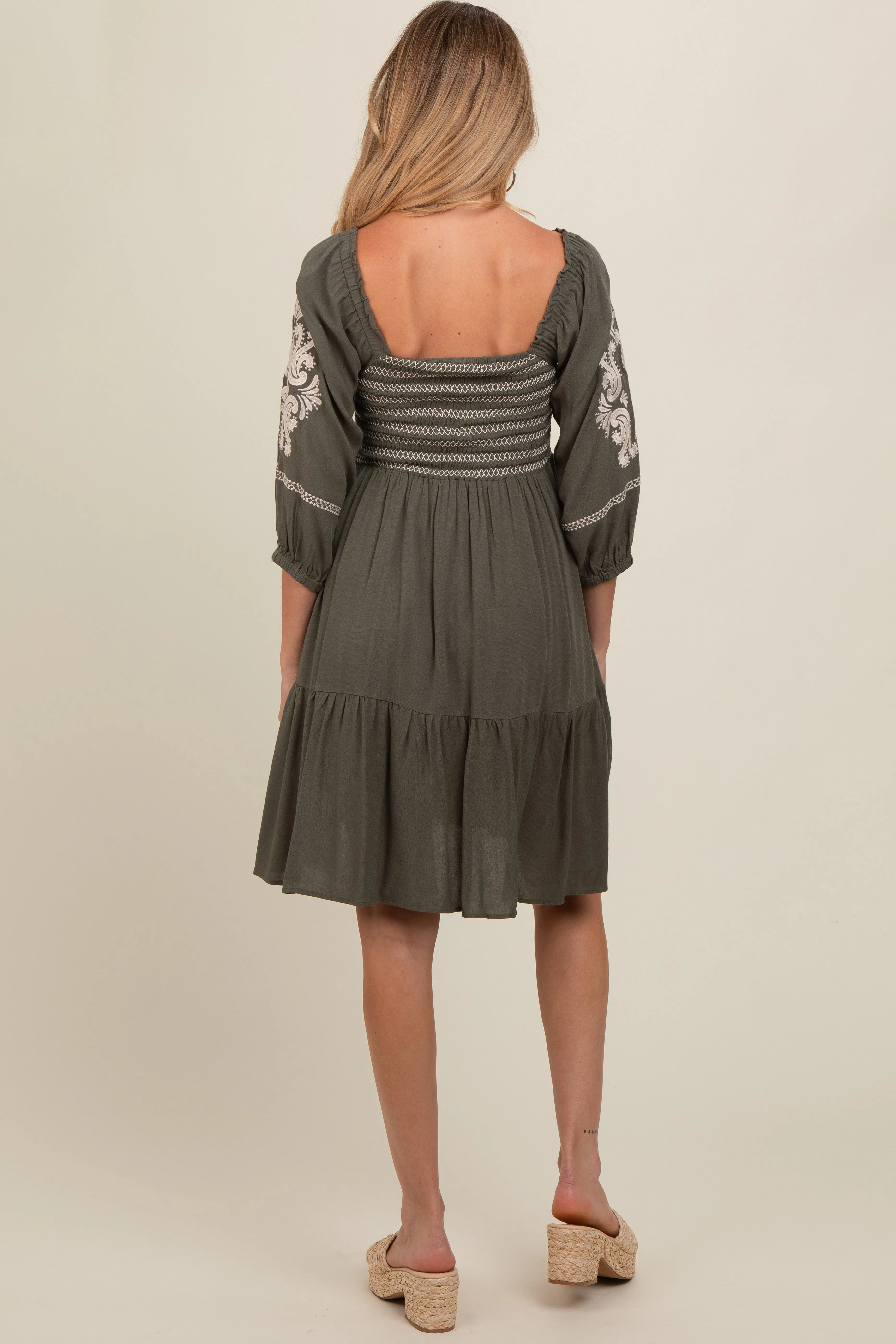 Olive Smocked Embroidered Damask Maternity Dress sold by Pinkblush product image thumbnail 2