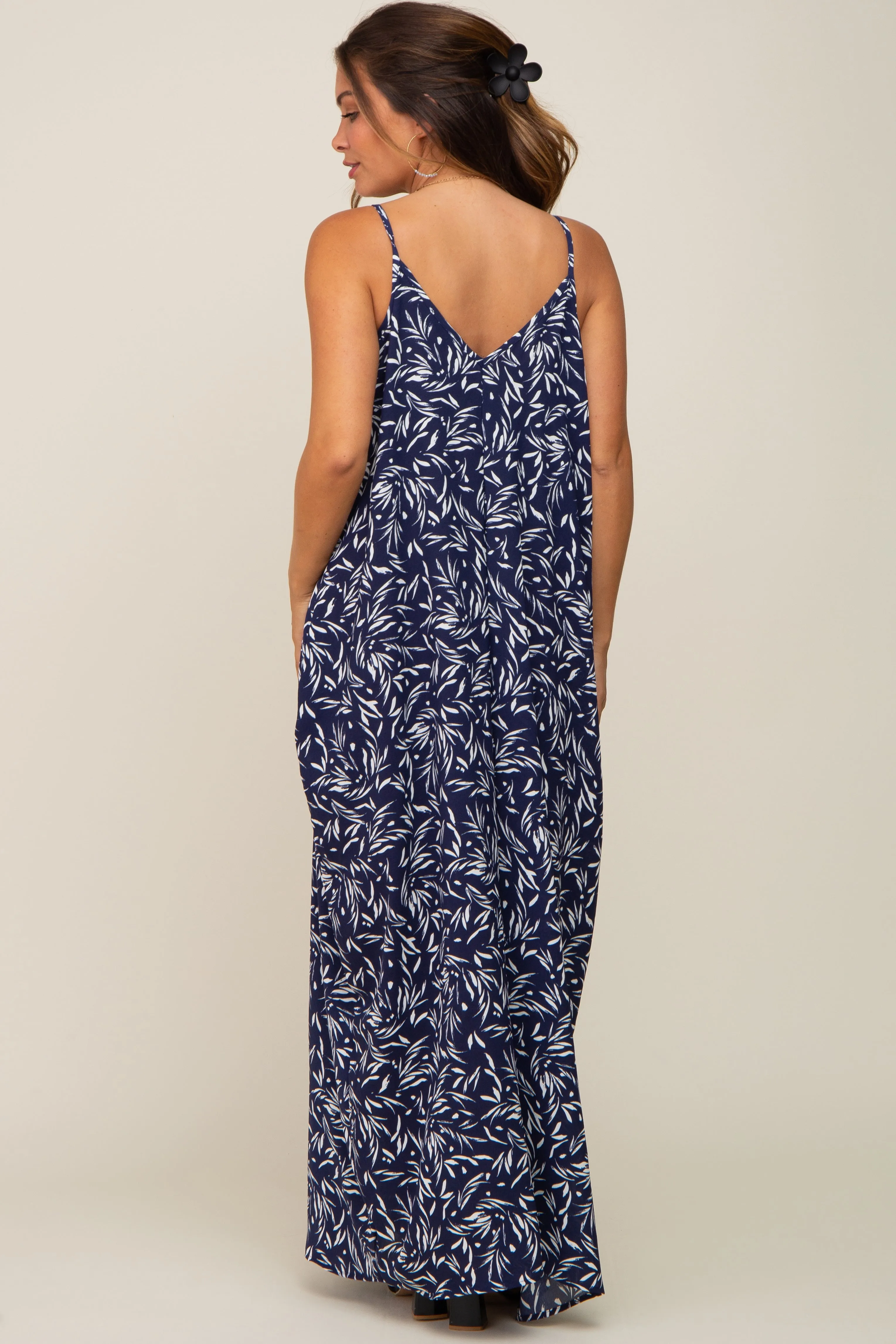 Navy Leaf Print Double V-Neck Maternity Maxi Dress sold by Pinkblush product image thumbnail 3