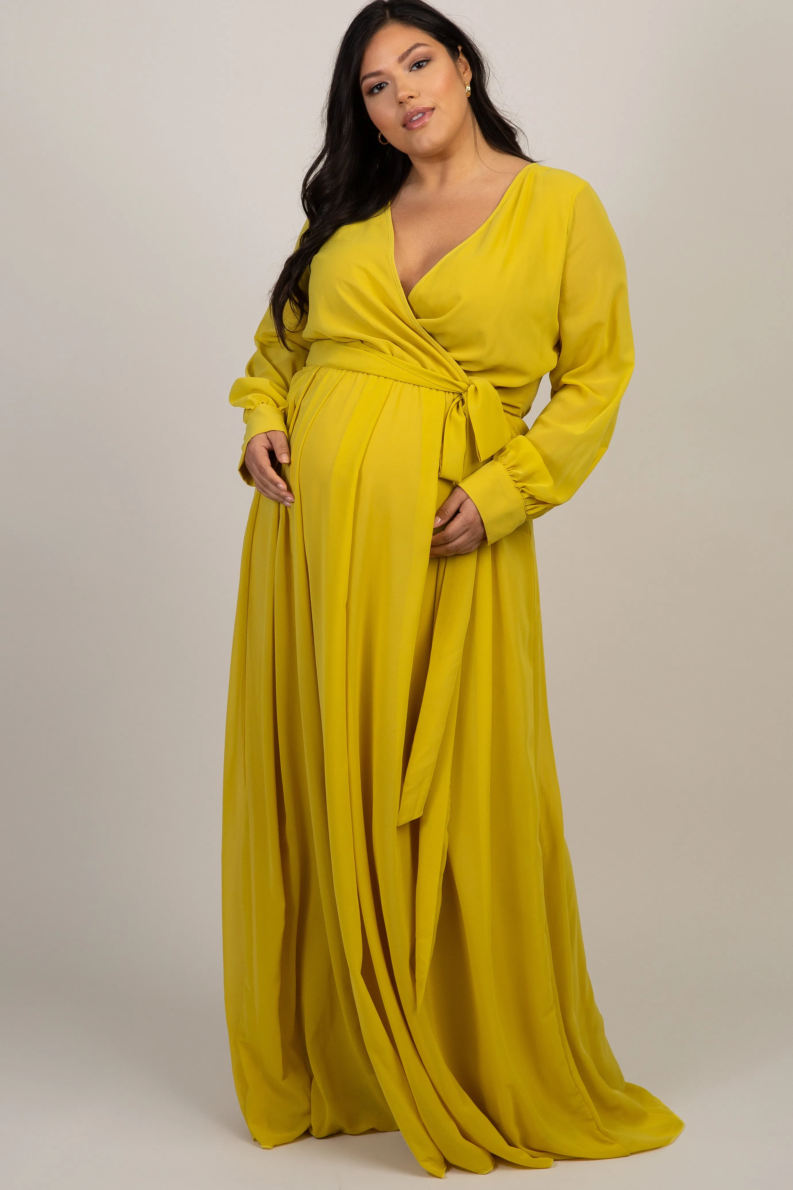Yellow Chiffon Long Sleeve Plus Maternity Maxi Dress sold by Pinkblush