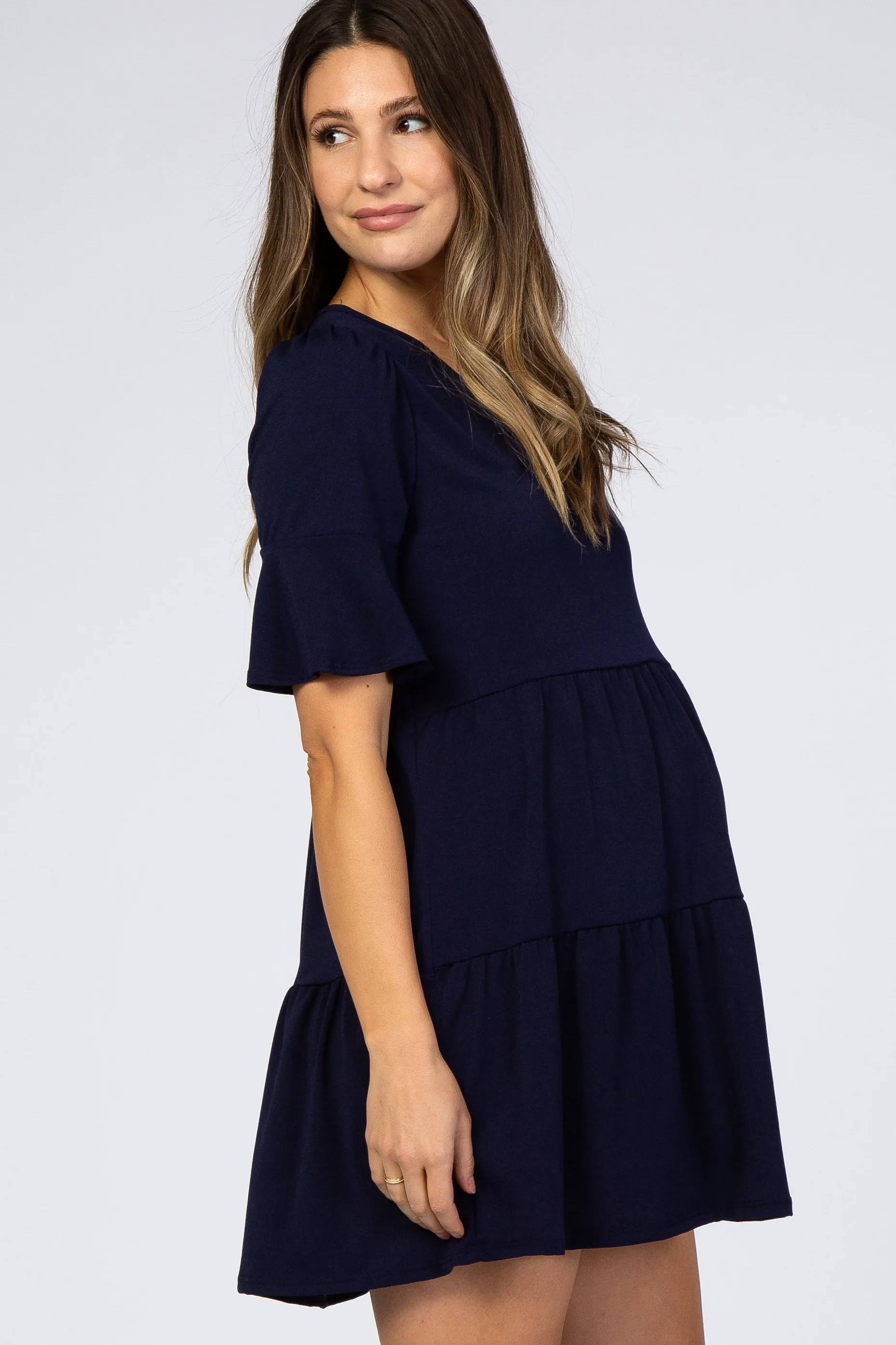 Navy Tiered Ruffle Sleeve Maternity Dress sold by Pinkblush product image thumbnail 2