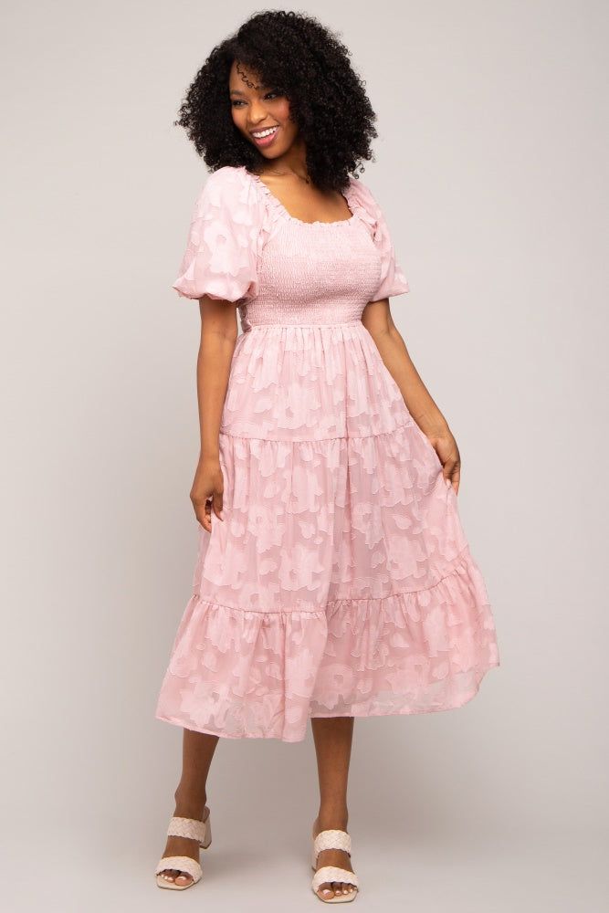 Pink Floral Textured Tiered Midi Dress sold by Pinkblush product image thumbnail 4