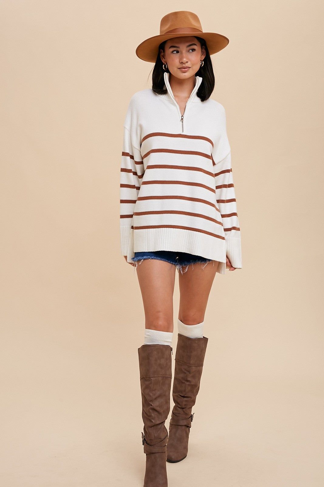 Camel Striped Half Zip Knit Pullover sold by Pinkblush product image thumbnail 4