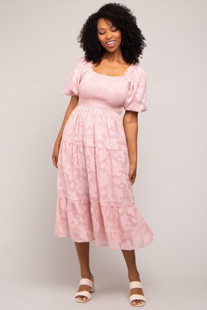 Pink Floral Textured Tiered Midi Dress sold by Pinkblush
