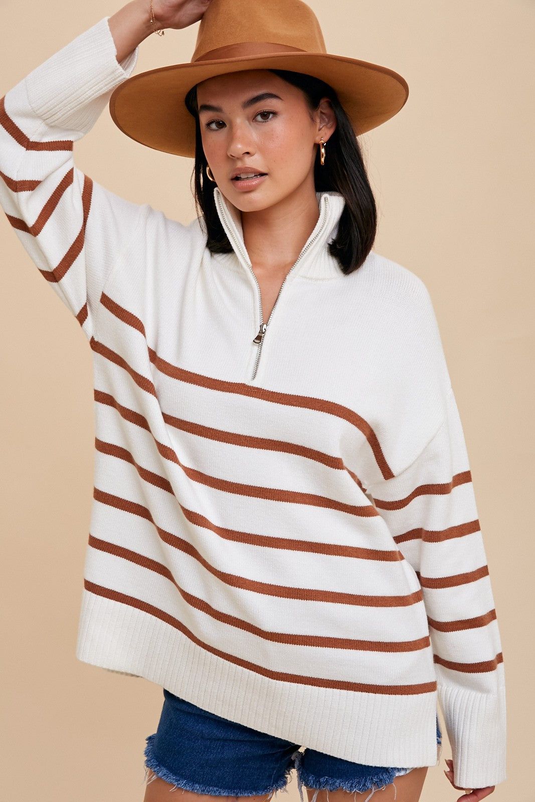 Camel Striped Half Zip Knit Pullover sold by Pinkblush