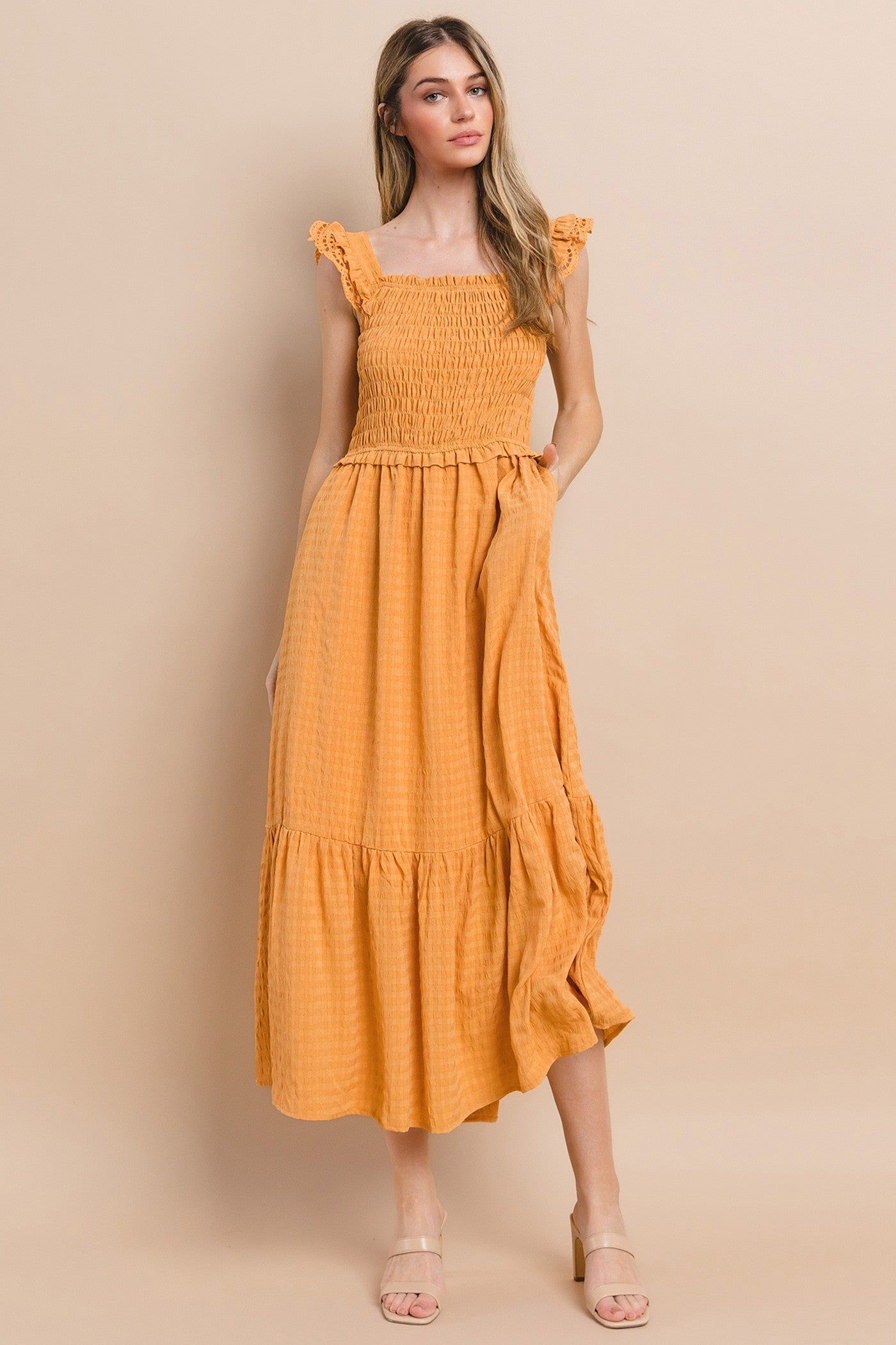 Rust Contrast Gauze Eyelet Lace Detail Maxi Dress sold by Pinkblush