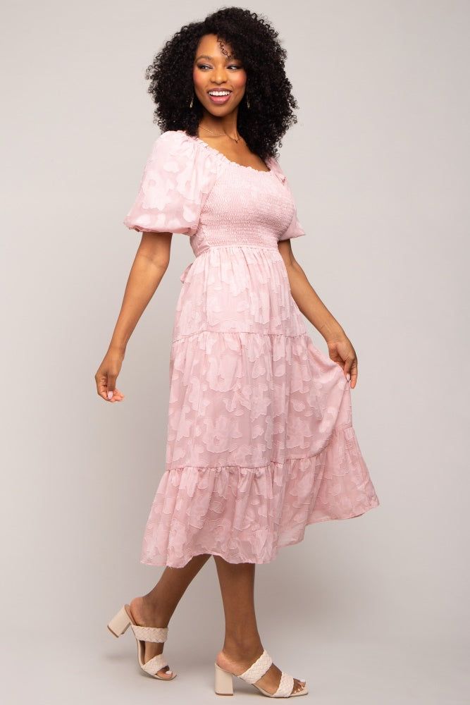 Pink Floral Textured Tiered Midi Dress sold by Pinkblush product image thumbnail 2