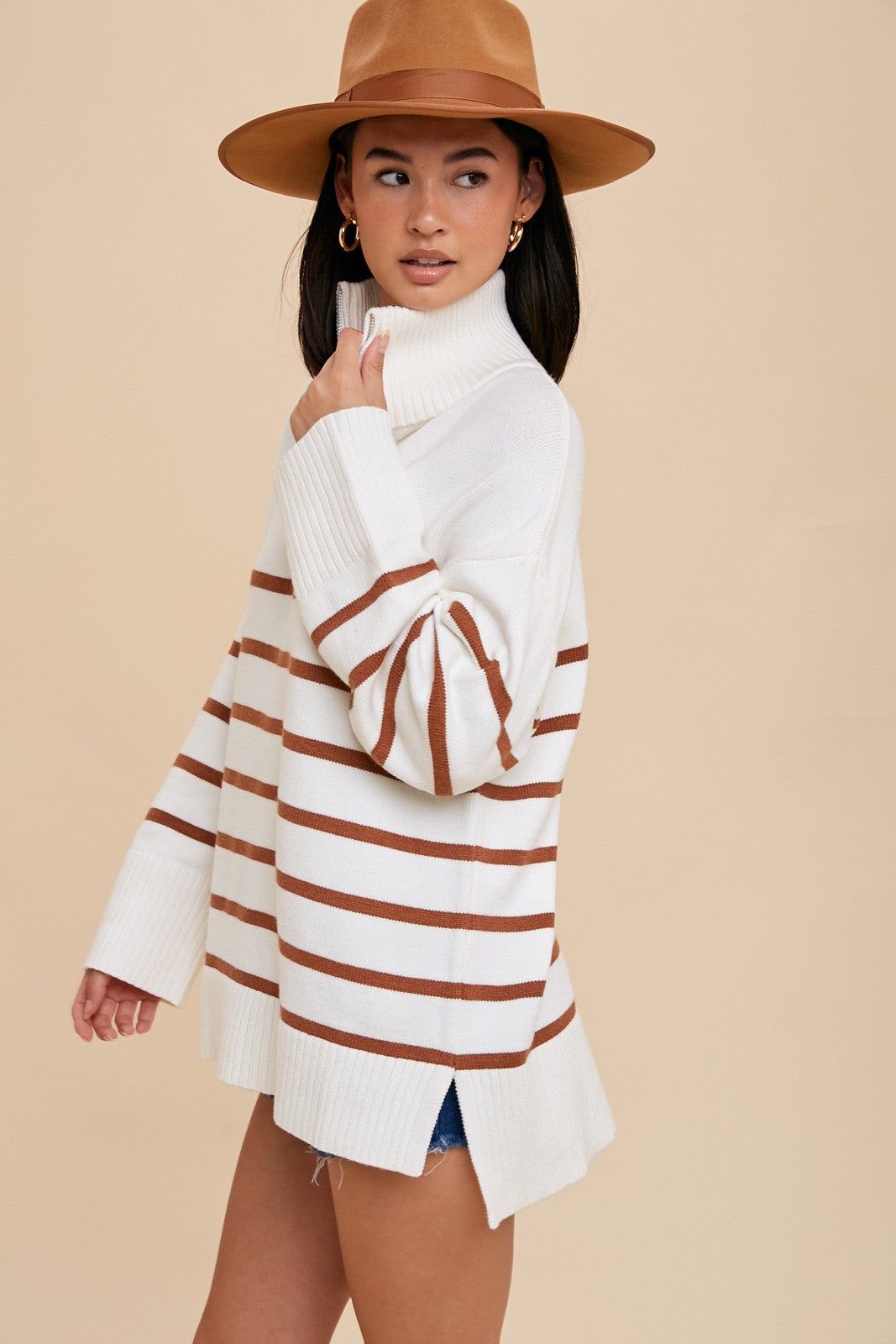 Camel Striped Half Zip Knit Pullover sold by Pinkblush product image thumbnail 2