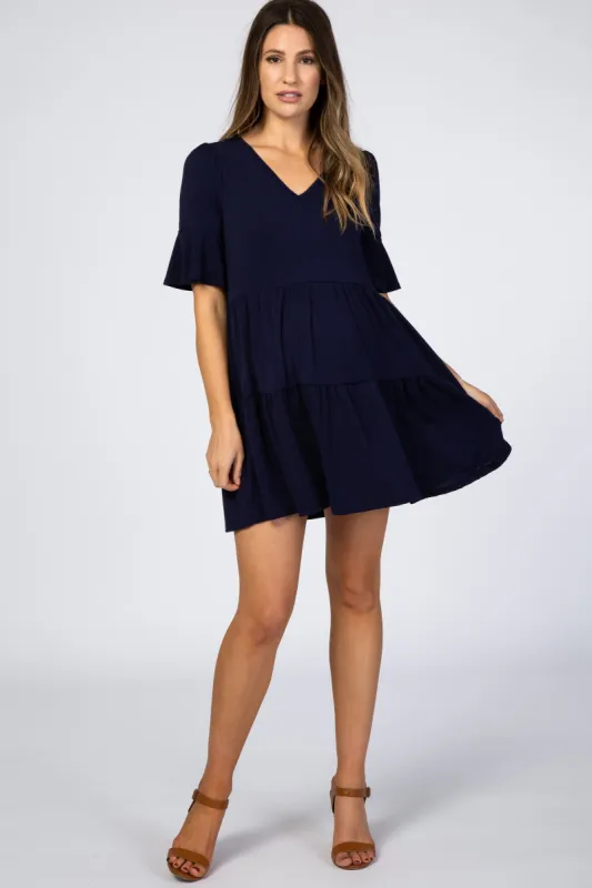 Navy Tiered Ruffle Sleeve Maternity Dress sold by Pinkblush