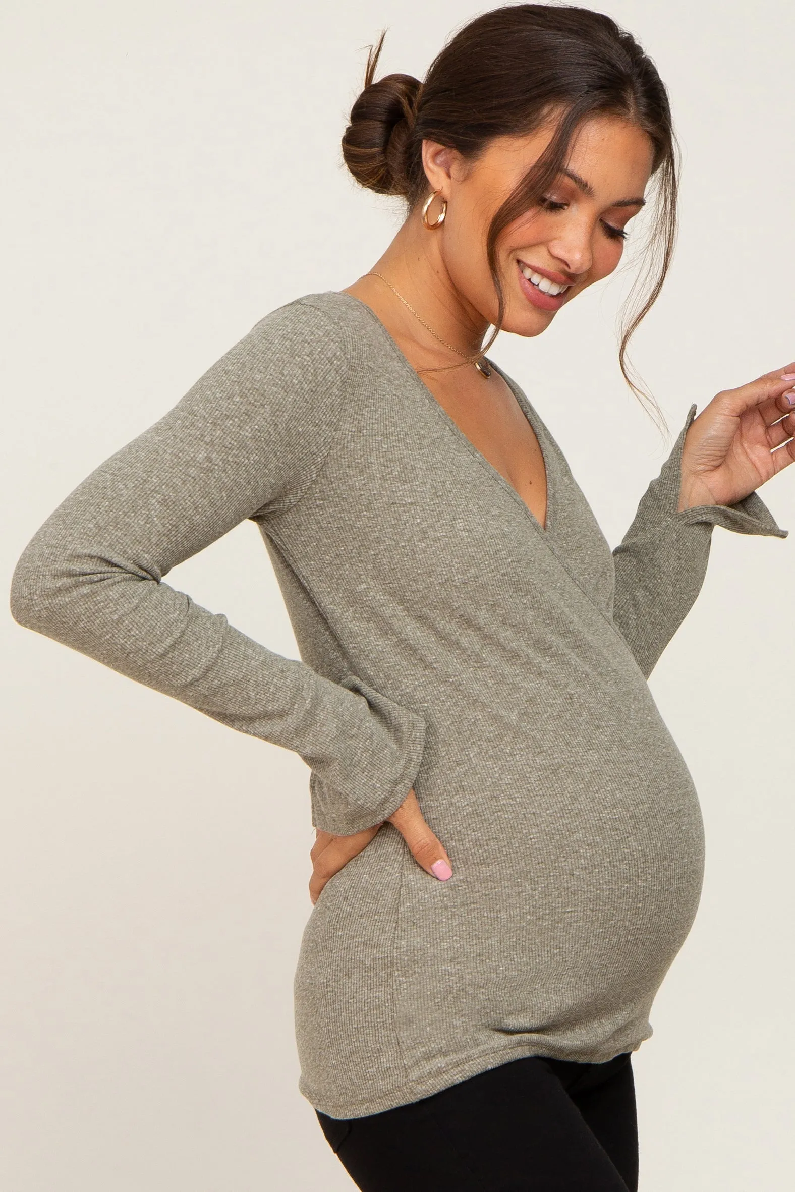 Olive Ribbed Long Sleeve Wrap Maternity Nursing Top sold by Pinkblush product image thumbnail 2