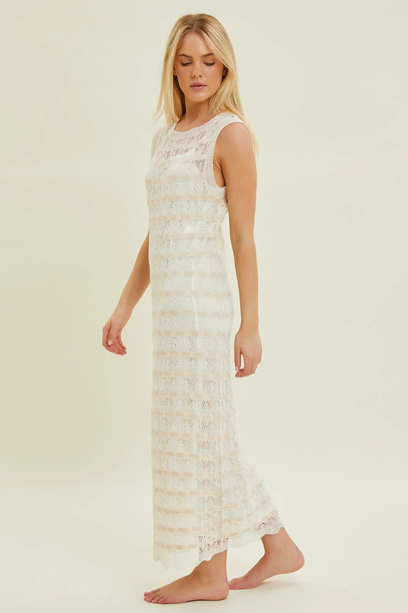 Beige Crochet Knit Sleeveless Midi Dress sold by Pinkblush product image thumbnail 3