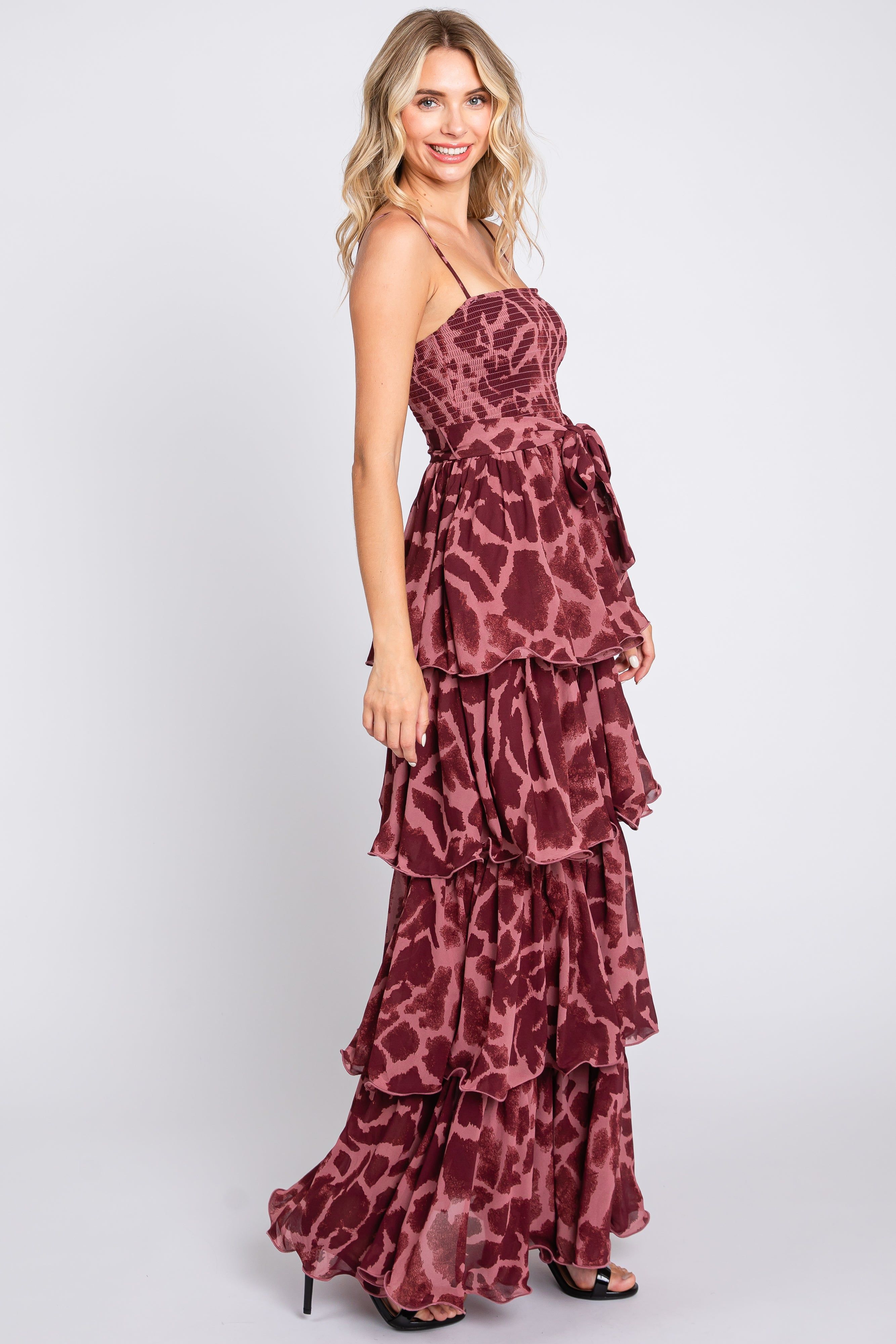 Burgundy Animal Print Flounce Tier Maxi Dress sold by Pinkblush product image thumbnail 2