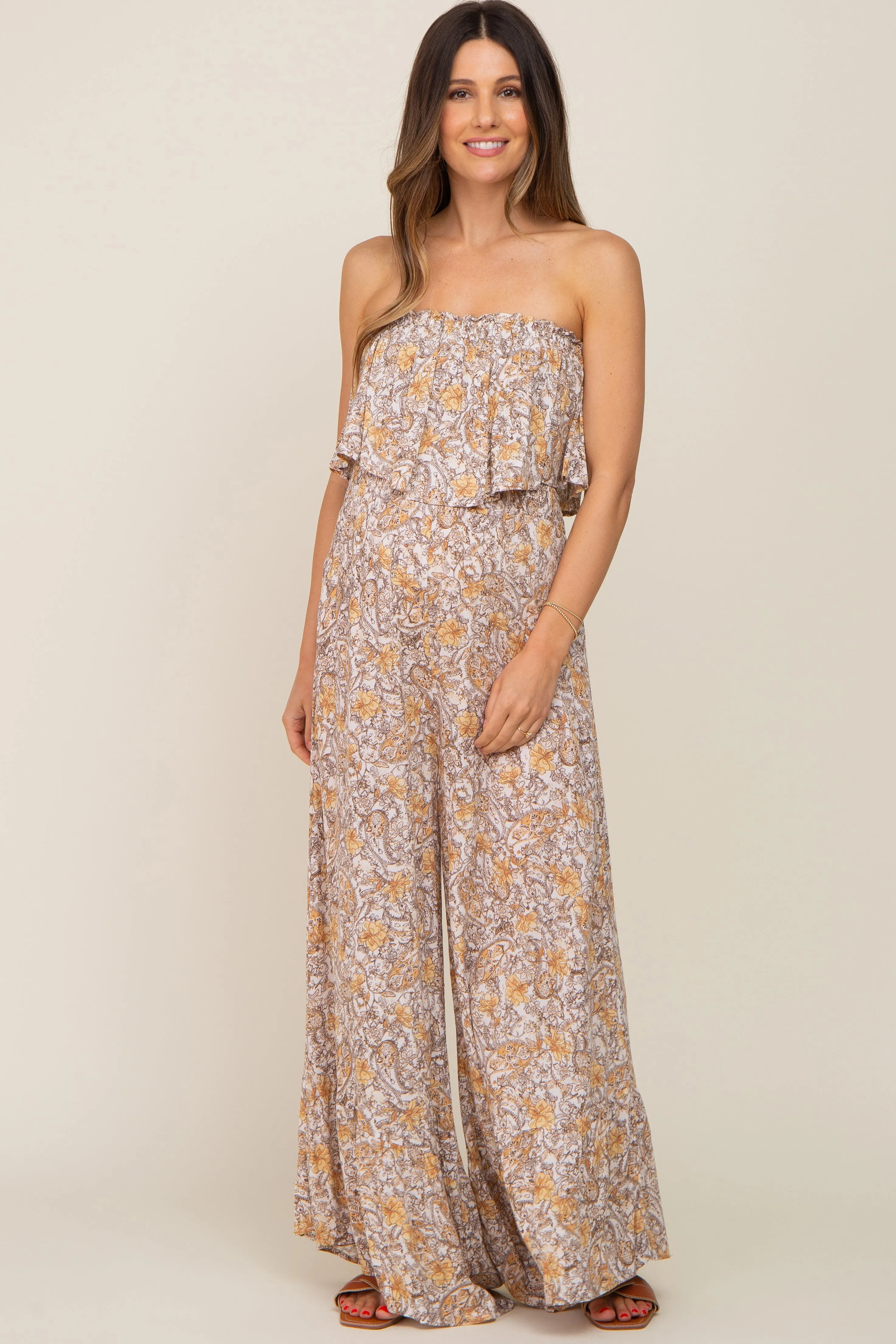 Taupe Paisley Ruffle Strapless Maternity Jumpsuit sold by Pinkblush product image thumbnail 4