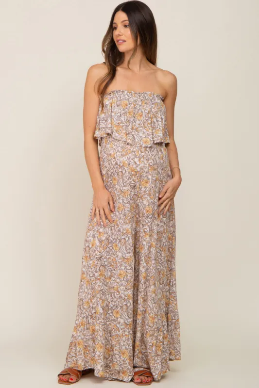 Taupe Paisley Ruffle Strapless Maternity Jumpsuit sold by Pinkblush