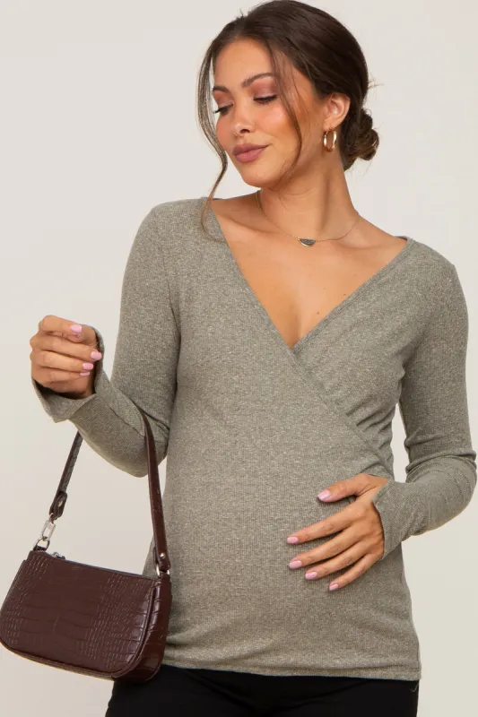 Olive Ribbed Long Sleeve Wrap Maternity Nursing Top sold by Pinkblush