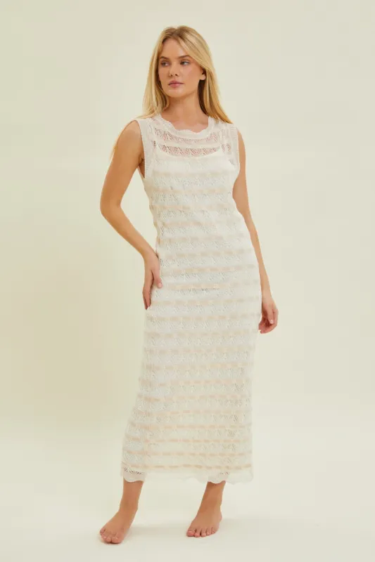 Beige Crochet Knit Sleeveless Midi Dress sold by Pinkblush