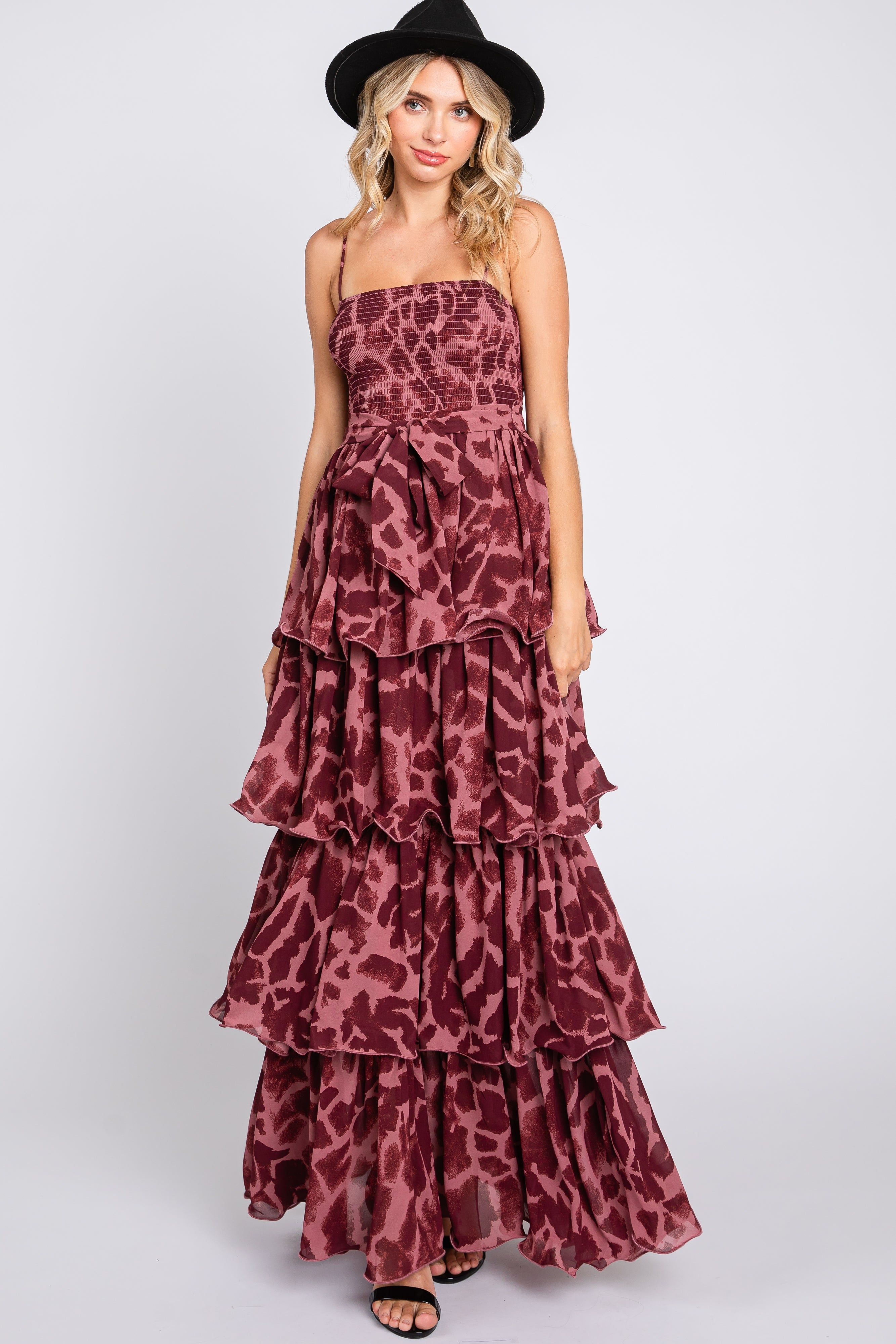 Burgundy Animal Print Flounce Tier Maxi Dress sold by Pinkblush product image thumbnail 4