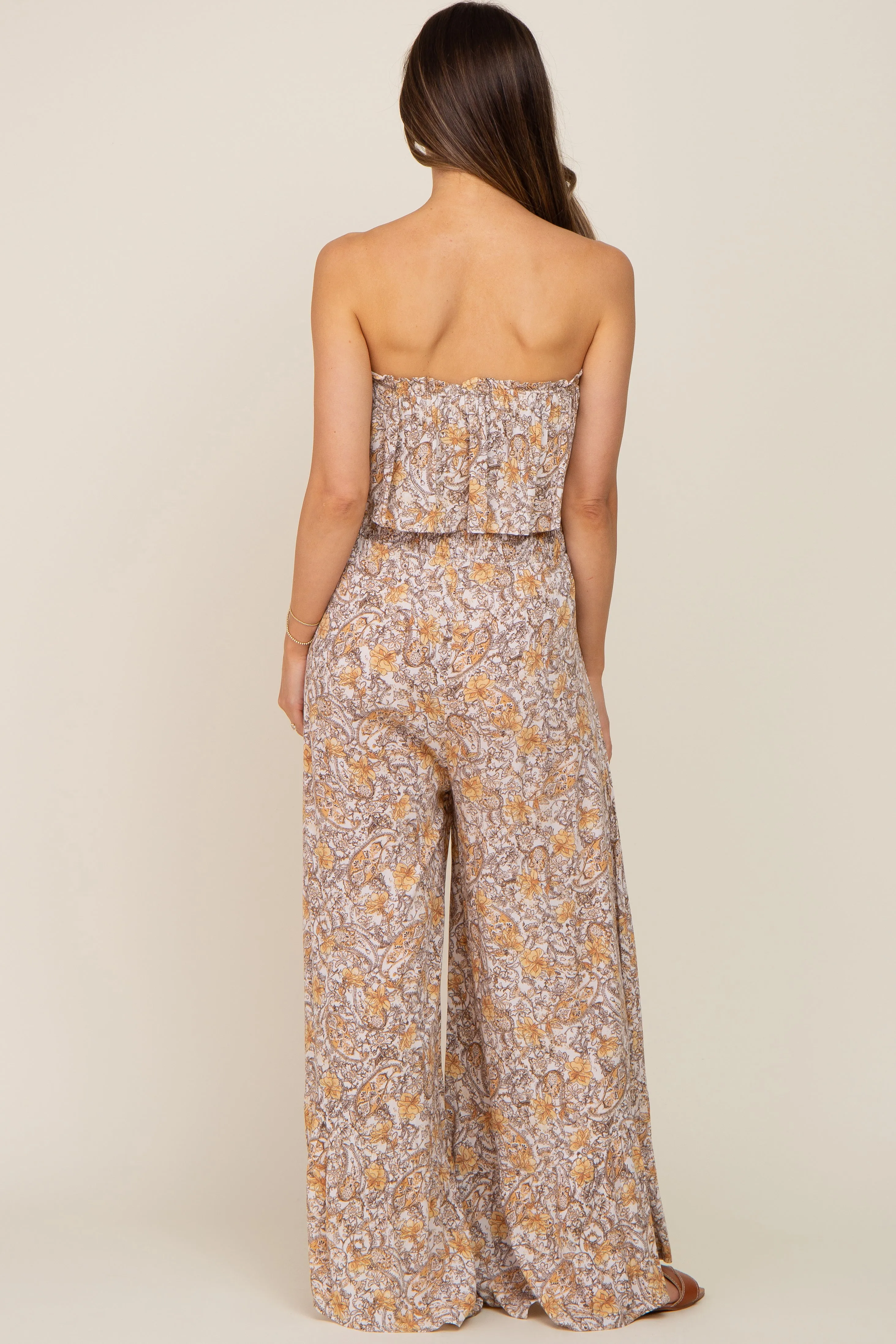 Taupe Paisley Ruffle Strapless Maternity Jumpsuit sold by Pinkblush product image thumbnail 3