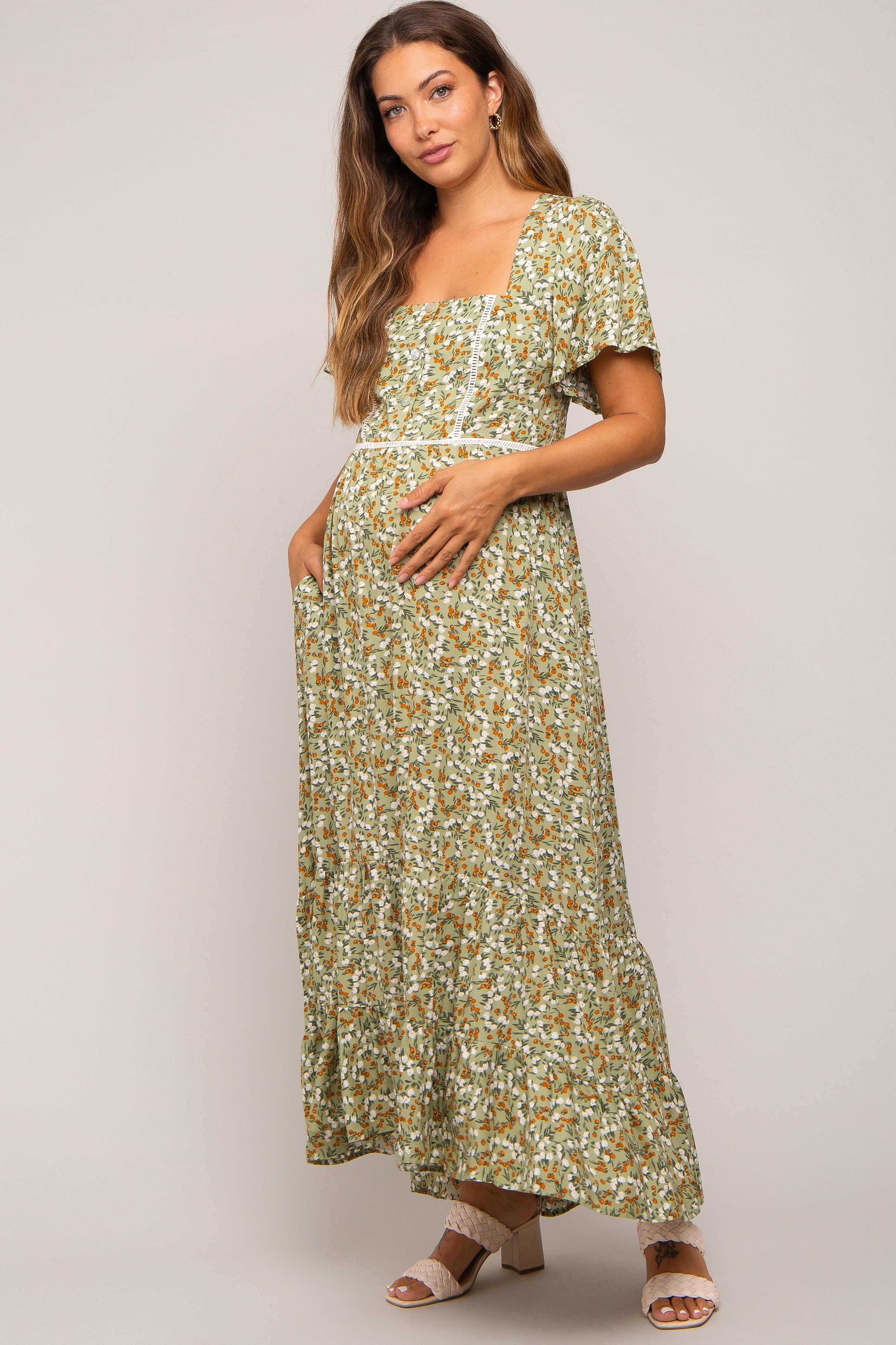 Green Floral Button Front Square Neck Ruffle Hi-Low Maternity Midi Dress sold by Pinkblush product image thumbnail 4