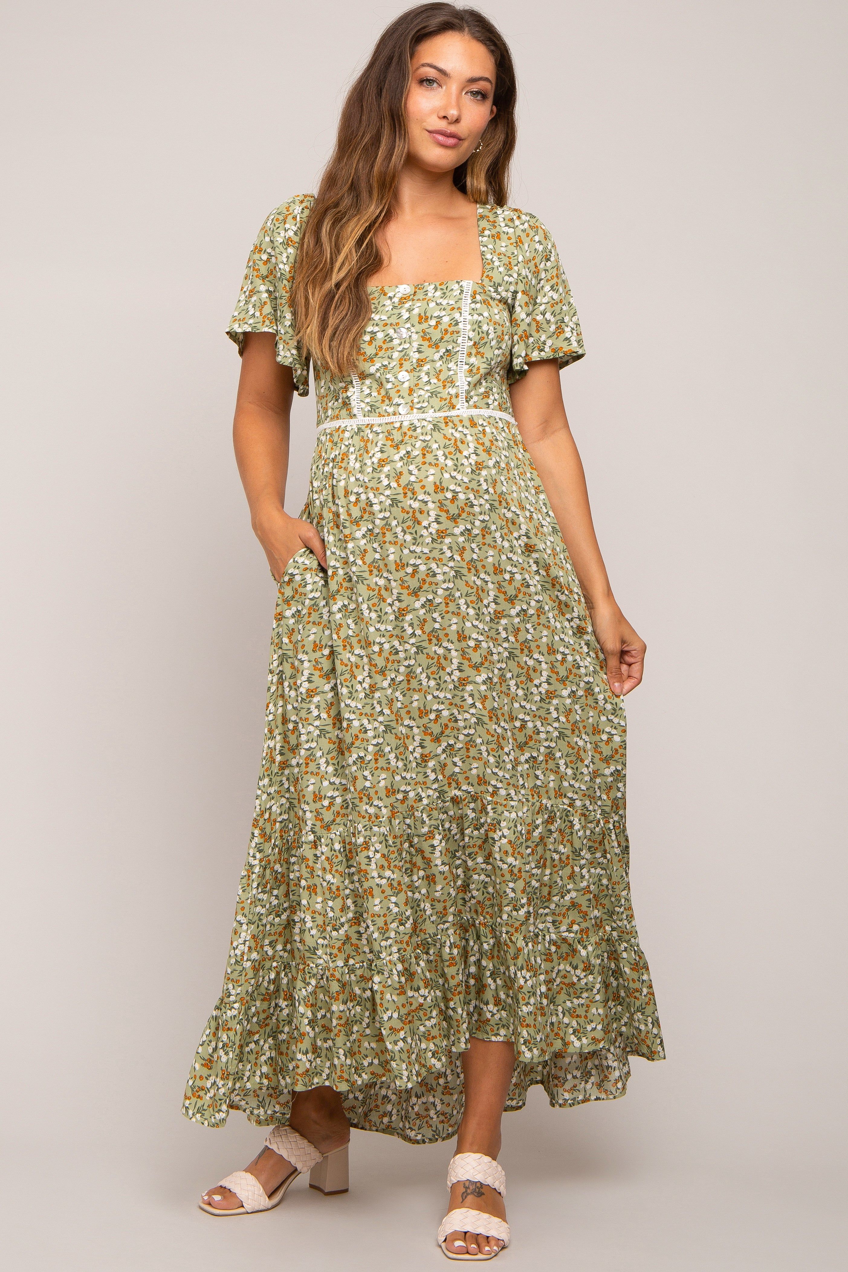 Green Floral Button Front Square Neck Ruffle Hi-Low Maternity Midi Dress sold by Pinkblush