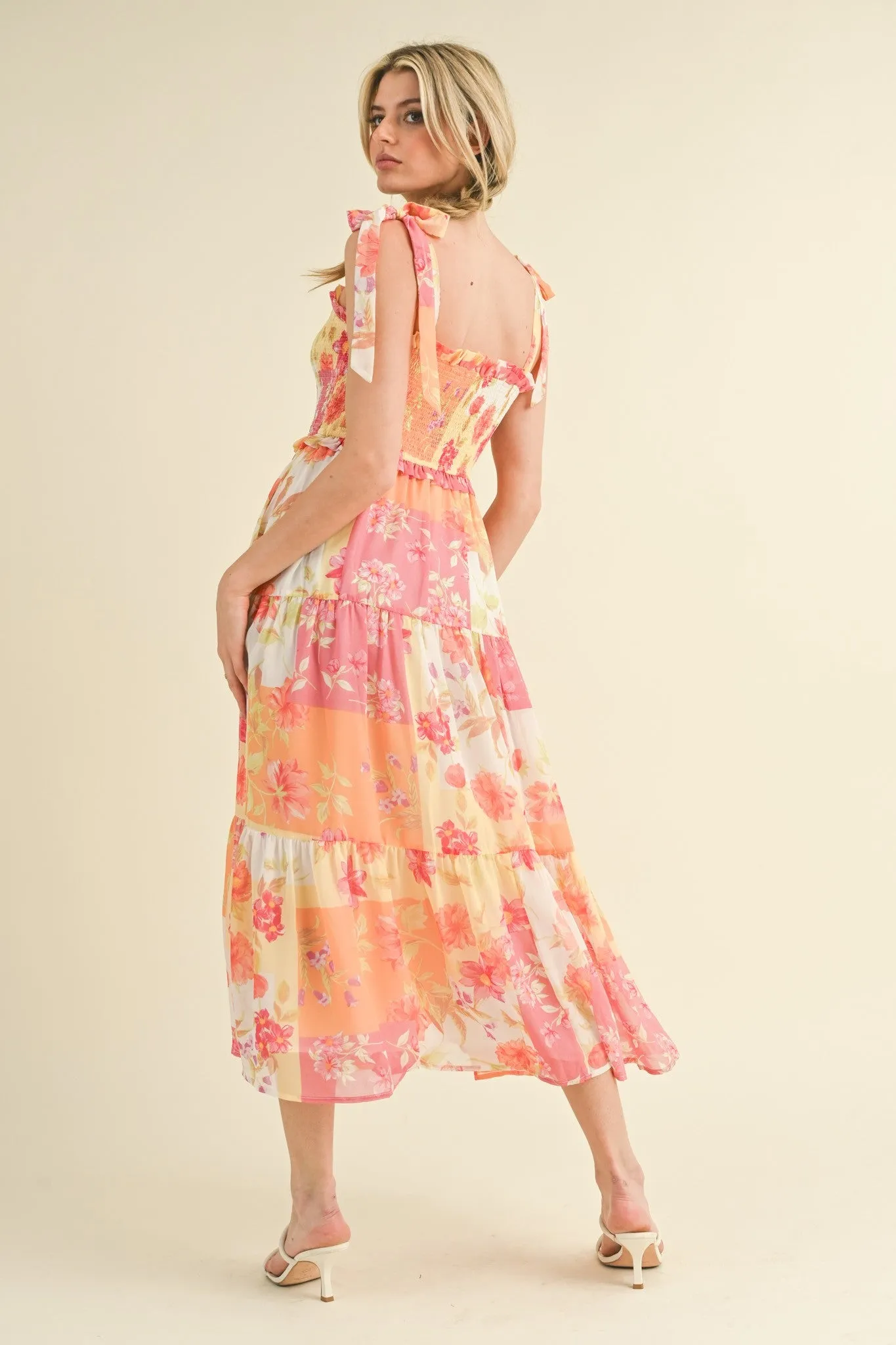 Ivory Floral Smocked Tiered Midi Dress sold by Pinkblush product image thumbnail 3