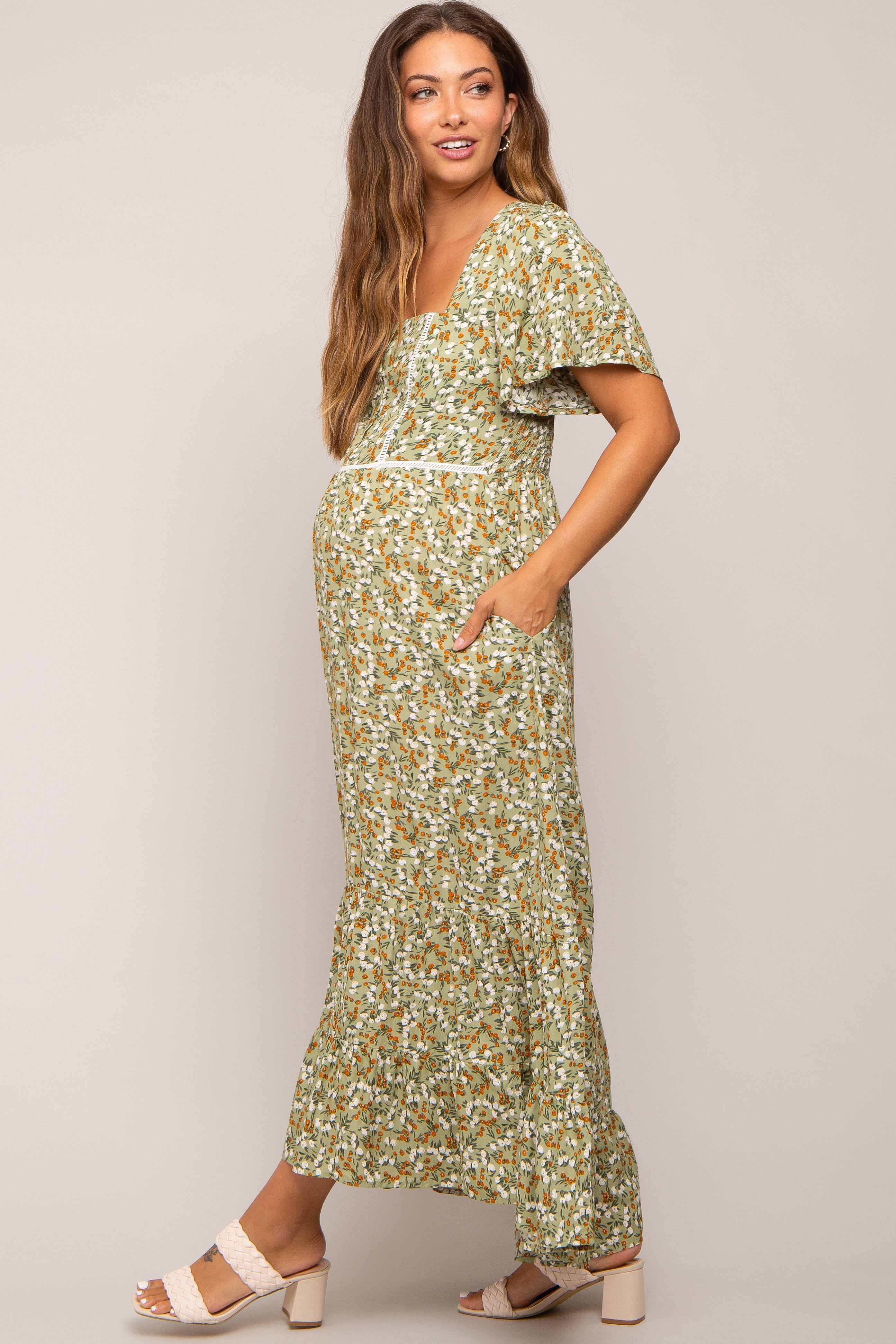 Green Floral Button Front Square Neck Ruffle Hi-Low Maternity Midi Dress sold by Pinkblush product image thumbnail 2