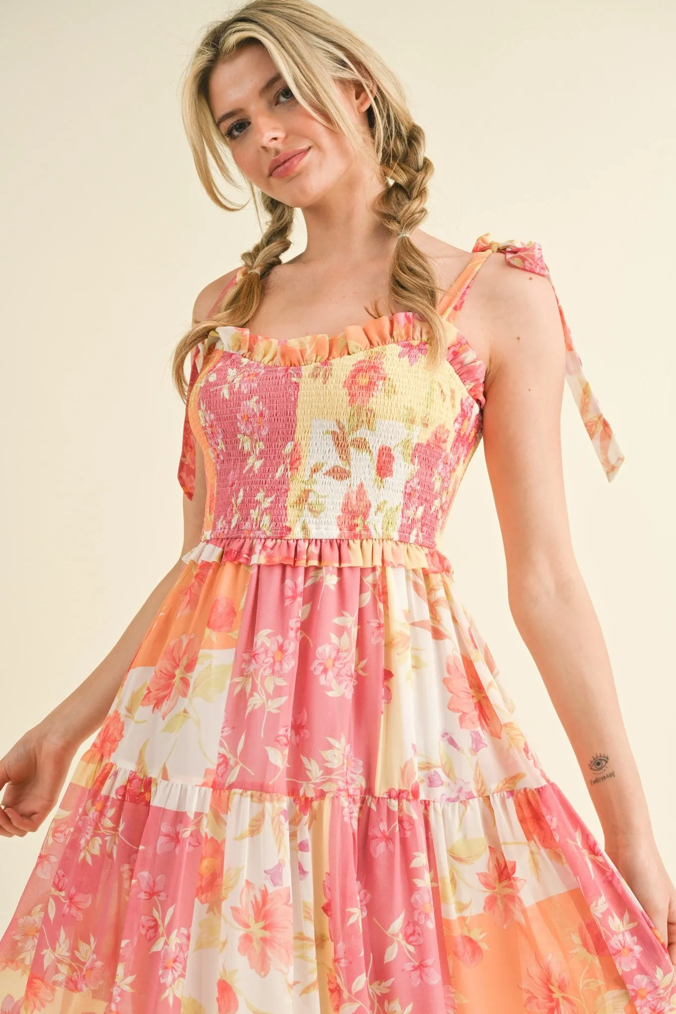 Ivory Floral Smocked Tiered Midi Dress sold by Pinkblush product image thumbnail 4