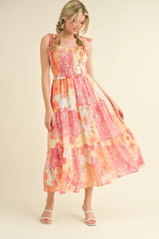 Ivory Floral Smocked Tiered Midi Dress sold by Pinkblush