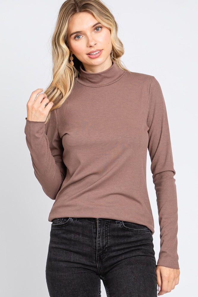 Brown Ribbed Long Sleeve Turtle Neck Top sold by Pinkblush product image thumbnail 5