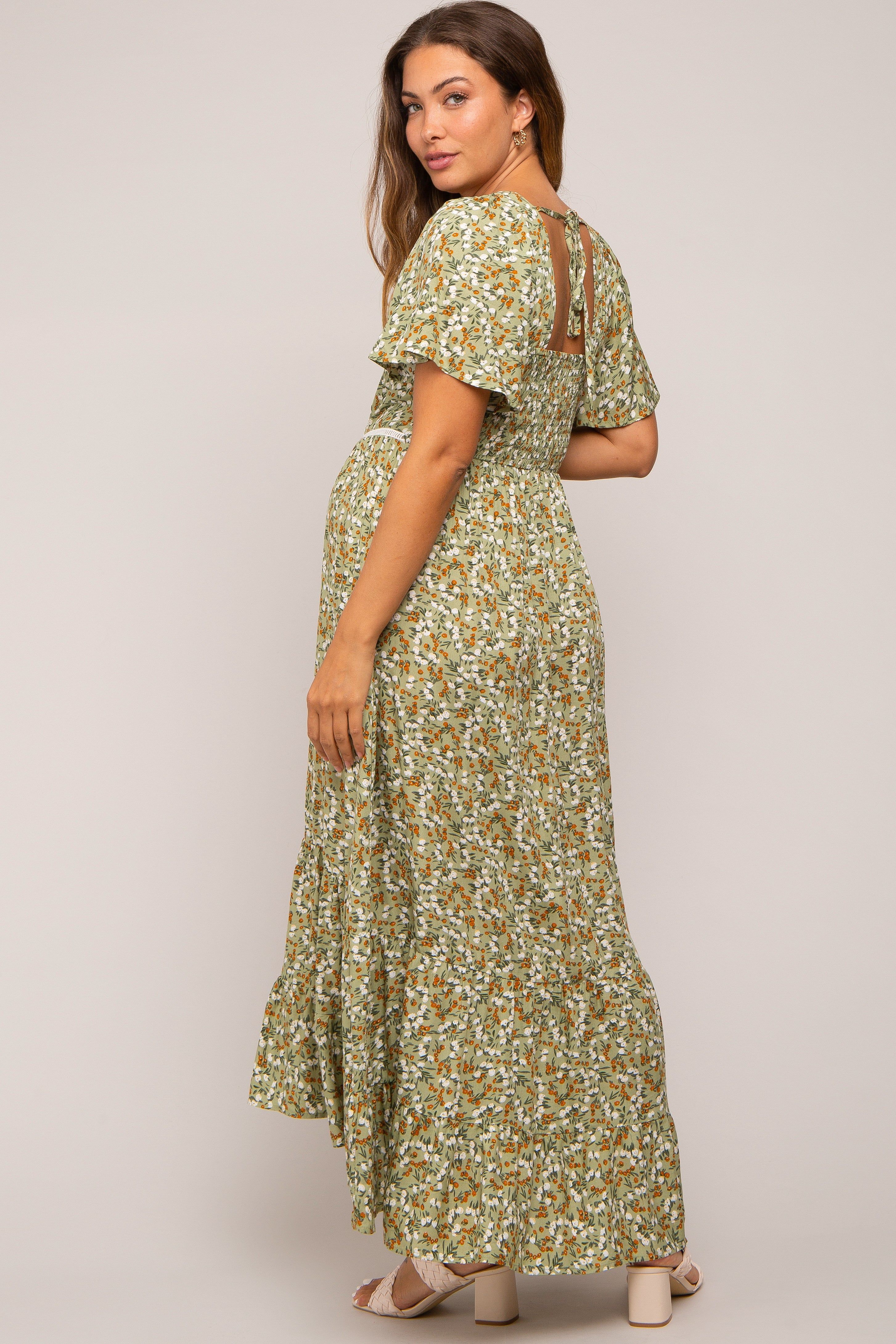Green Floral Button Front Square Neck Ruffle Hi-Low Maternity Midi Dress sold by Pinkblush product image thumbnail 3