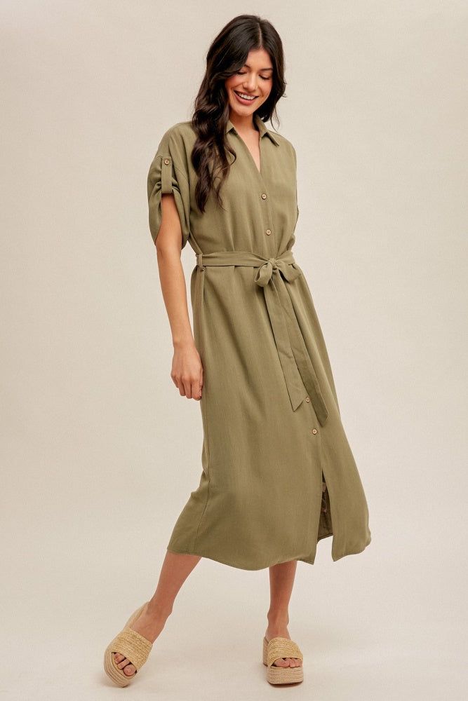 Olive V-Neck Self Tie Belt Short Sleeve Shirt Dress sold by Pinkblush product image thumbnail 3