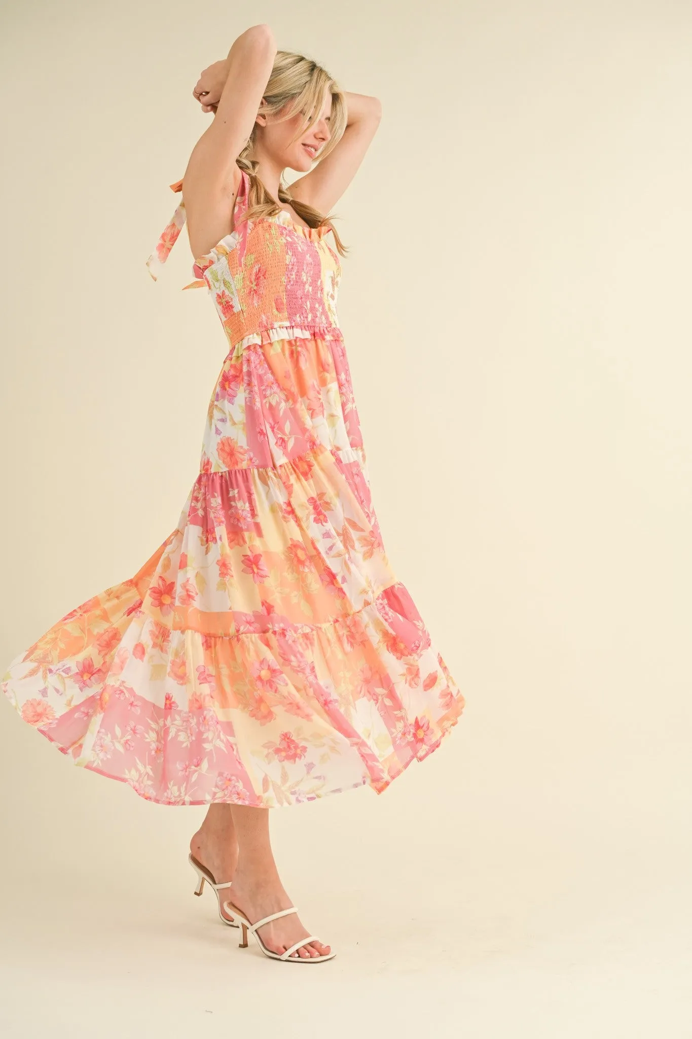 Ivory Floral Smocked Tiered Midi Dress sold by Pinkblush product image thumbnail 2