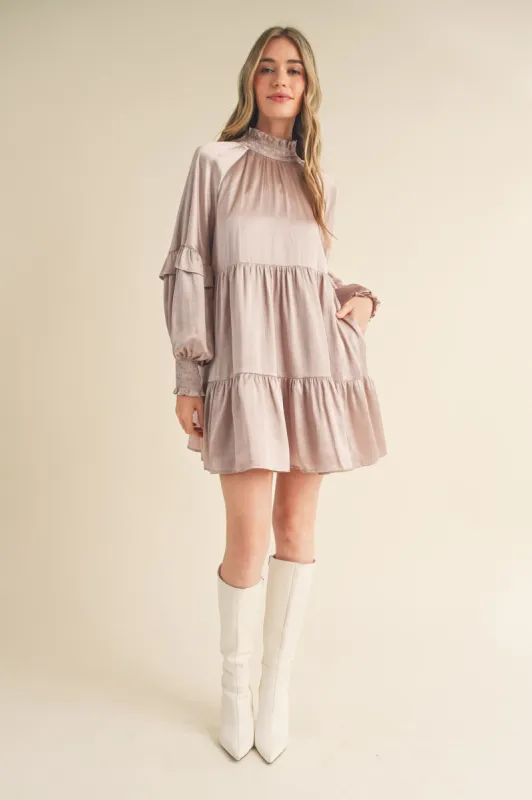 Champagne Mock Neck Tiered Mini Dress sold by Pinkblush