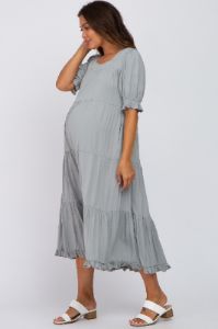 Sage Tiered Ruffle Hem Maternity Midi Dress sold by Pinkblush