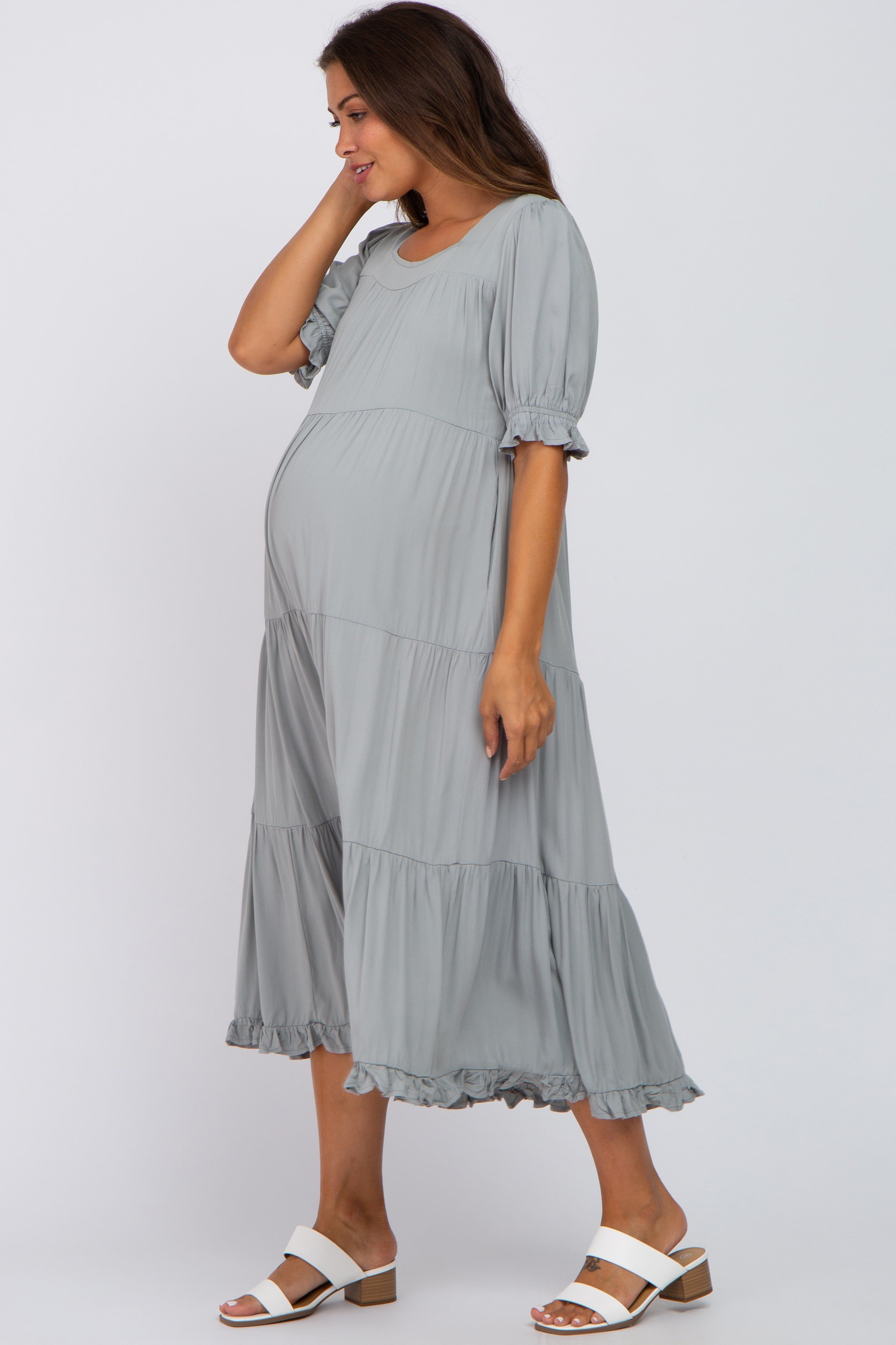 Sage Tiered Ruffle Hem Maternity Midi Dress sold by Pinkblush product image thumbnail 2
