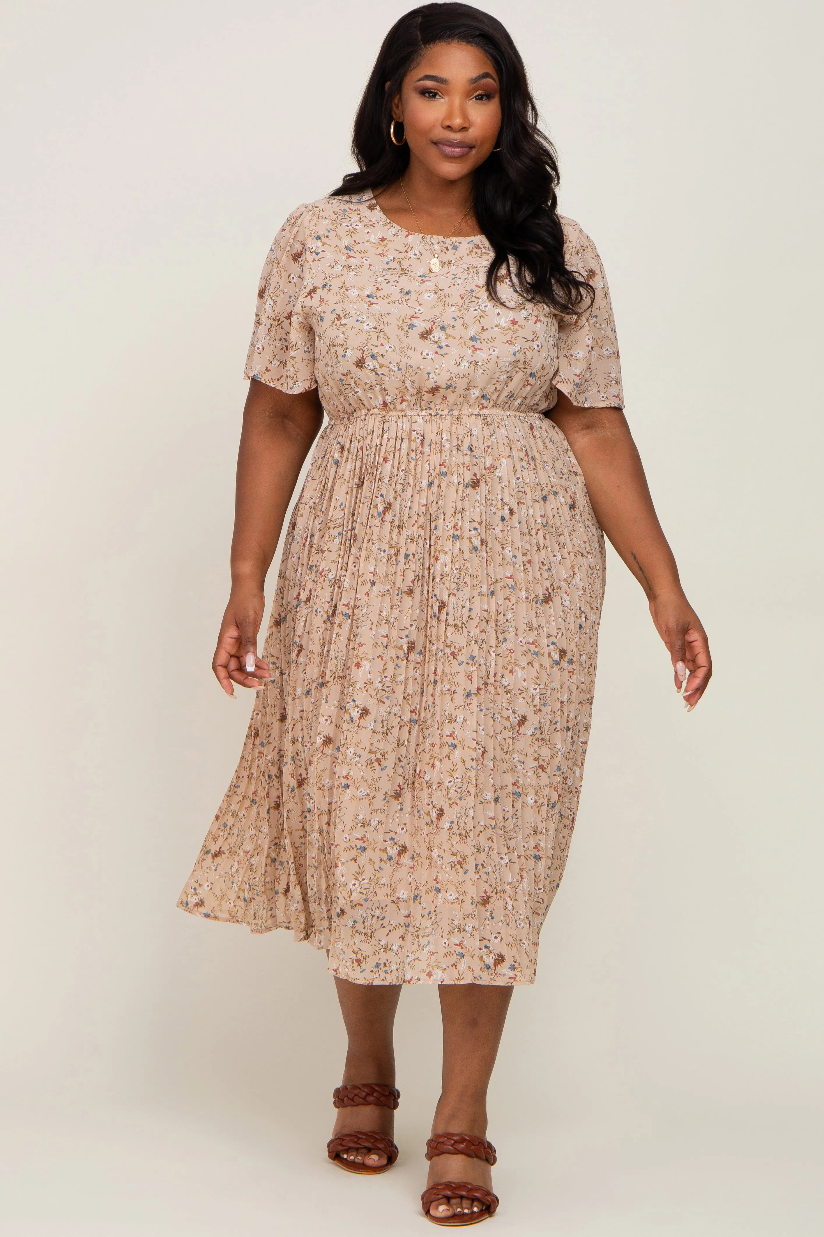Beige Floral Pleated Chiffon Plus Midi Dress sold by Pinkblush
