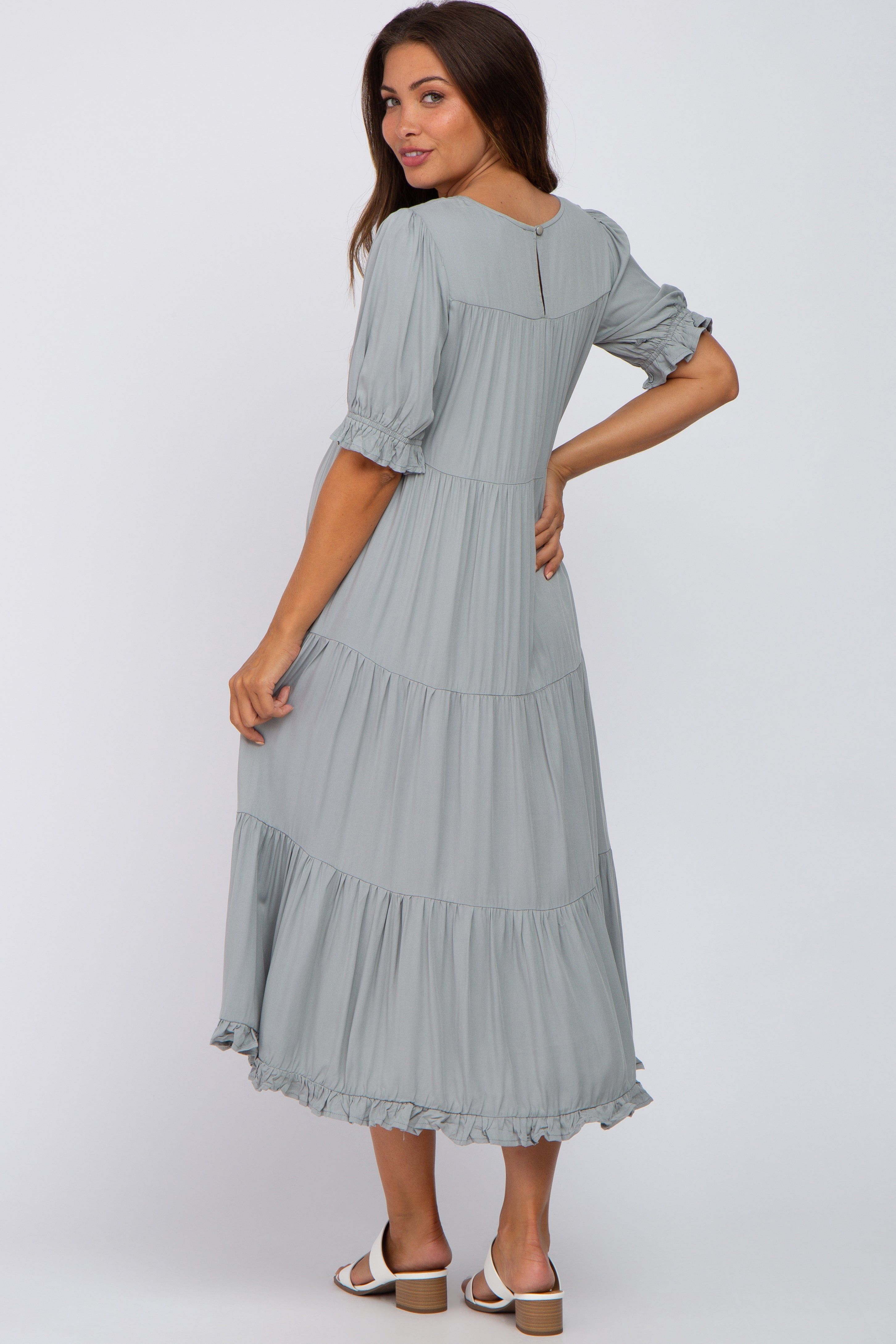 Sage Tiered Ruffle Hem Maternity Midi Dress sold by Pinkblush product image thumbnail 3