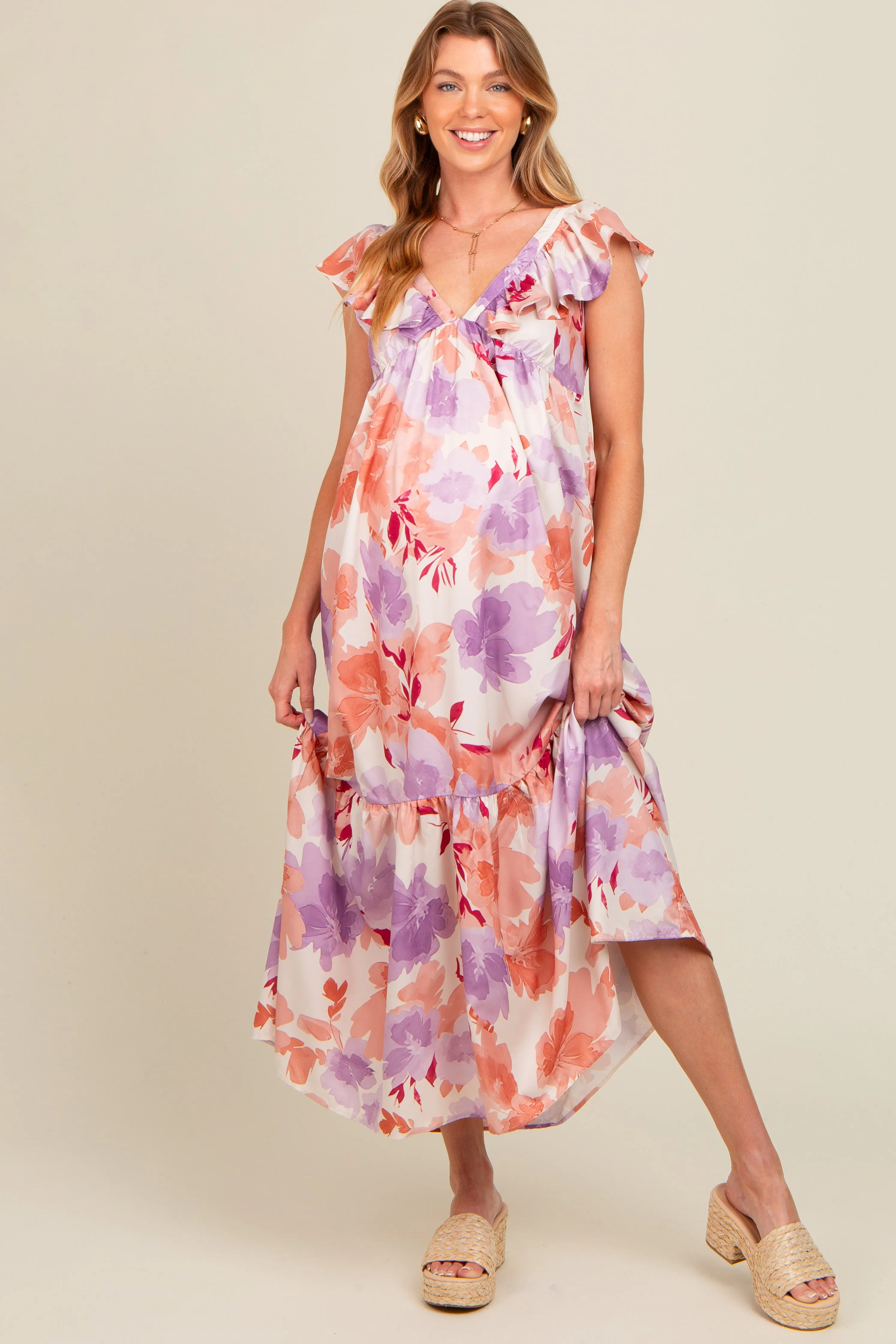 Mauve Floral Ruffle Accent V-Neck Maternity Maxi Dress sold by Pinkblush