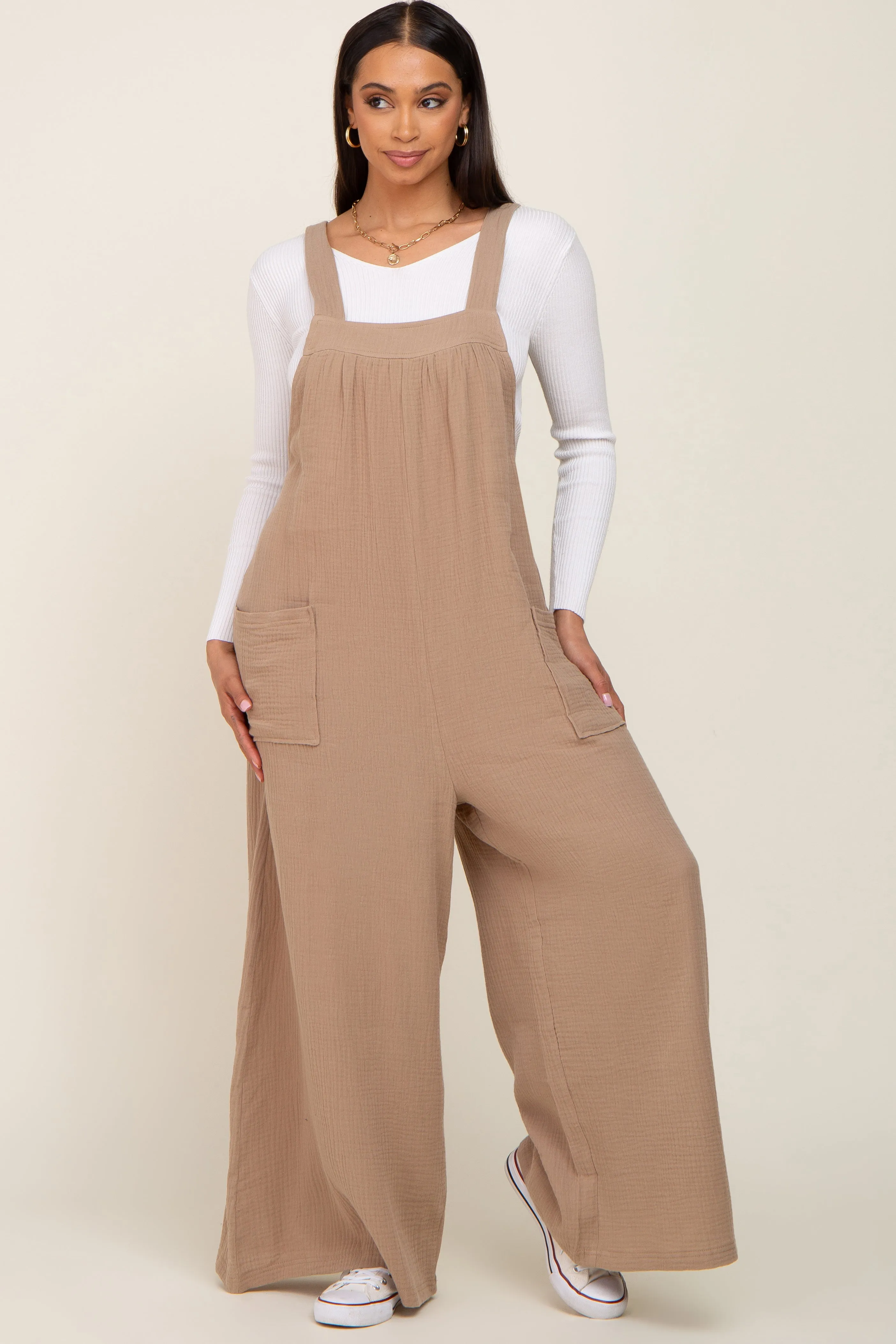 Beige Wide Leg Tie Back Overalls sold by Pinkblush product image thumbnail 4