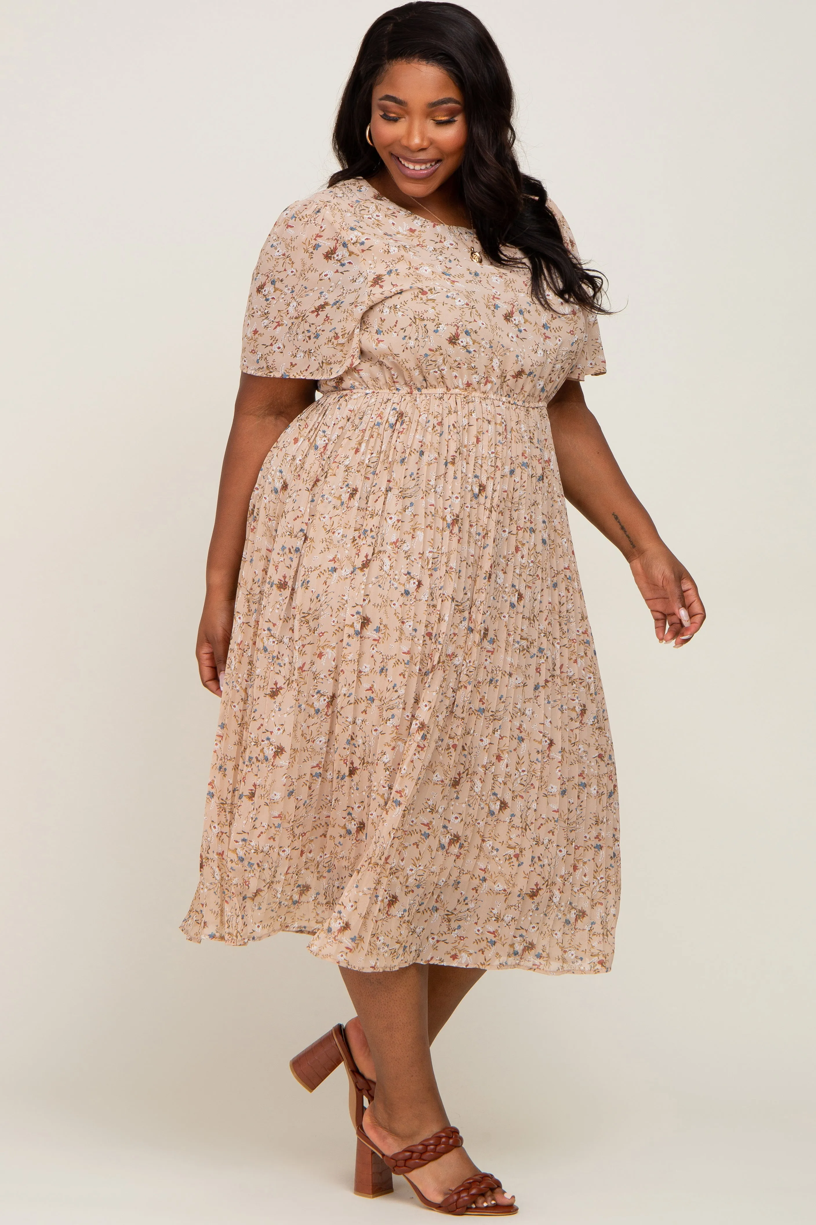 Beige Floral Pleated Chiffon Plus Midi Dress sold by Pinkblush product image thumbnail 2