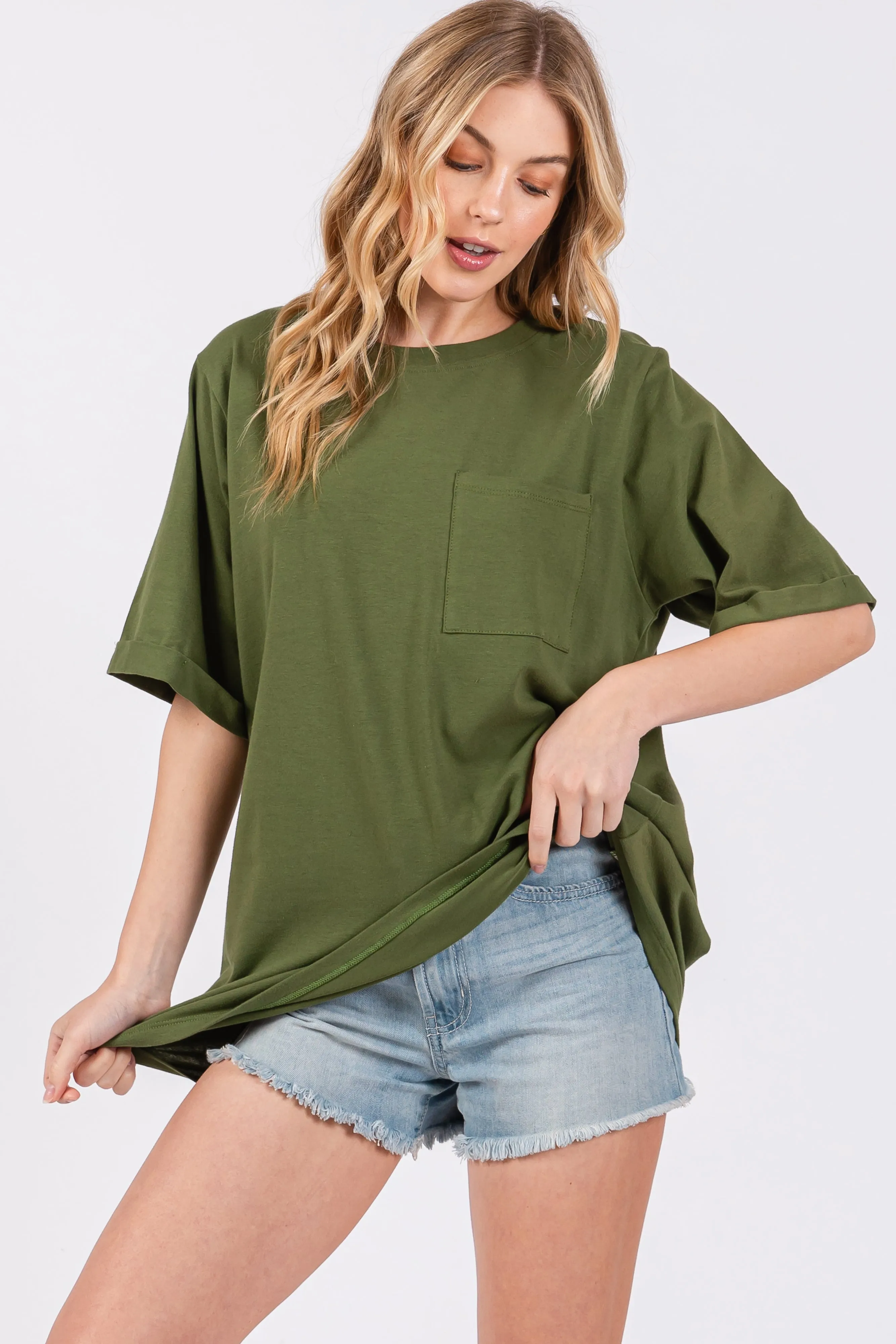 Light Olive Pocket Front Short Sleeve Top sold by Pinkblush